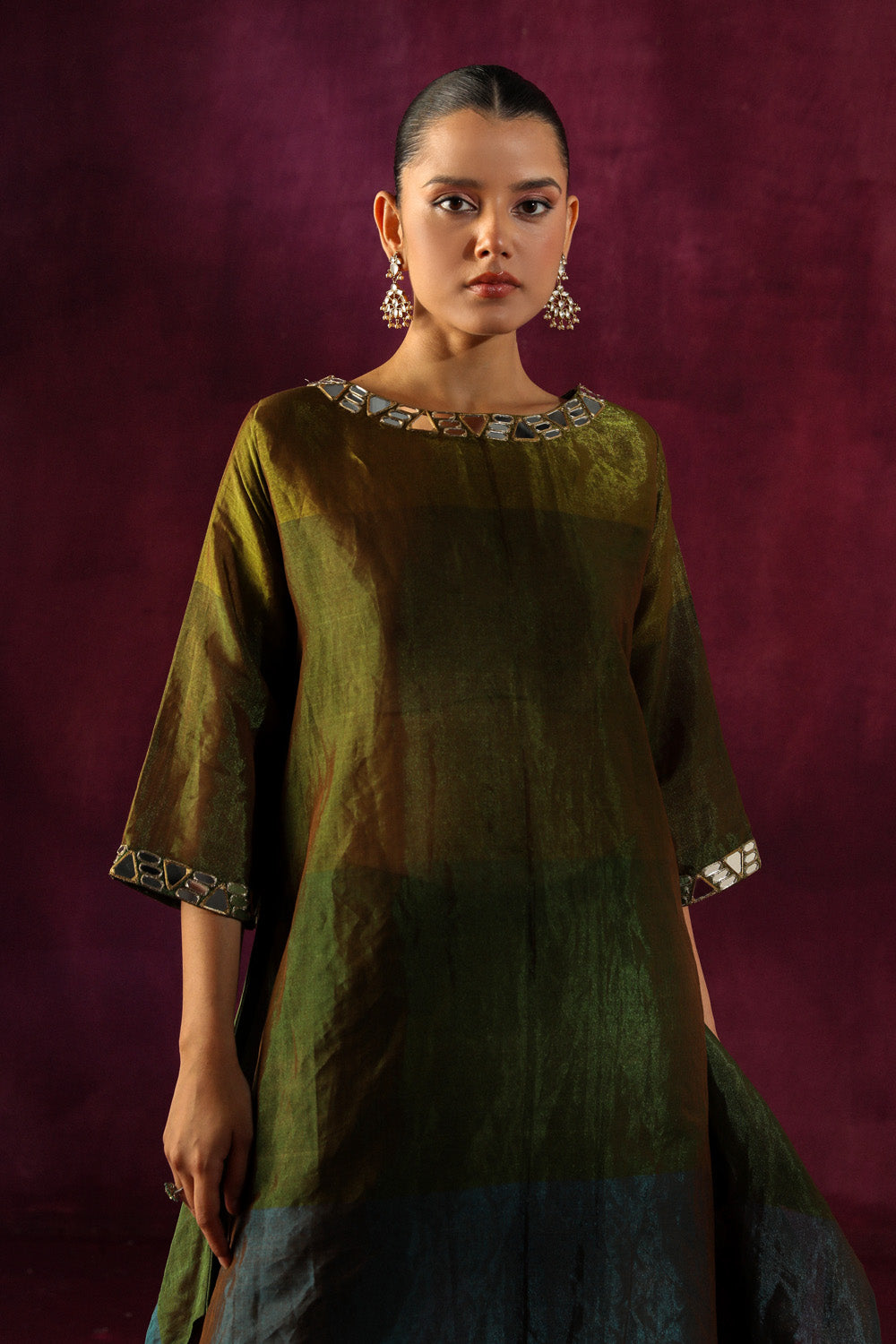 Mirror Embellished Asym Tissue Kurta With Flared Pants