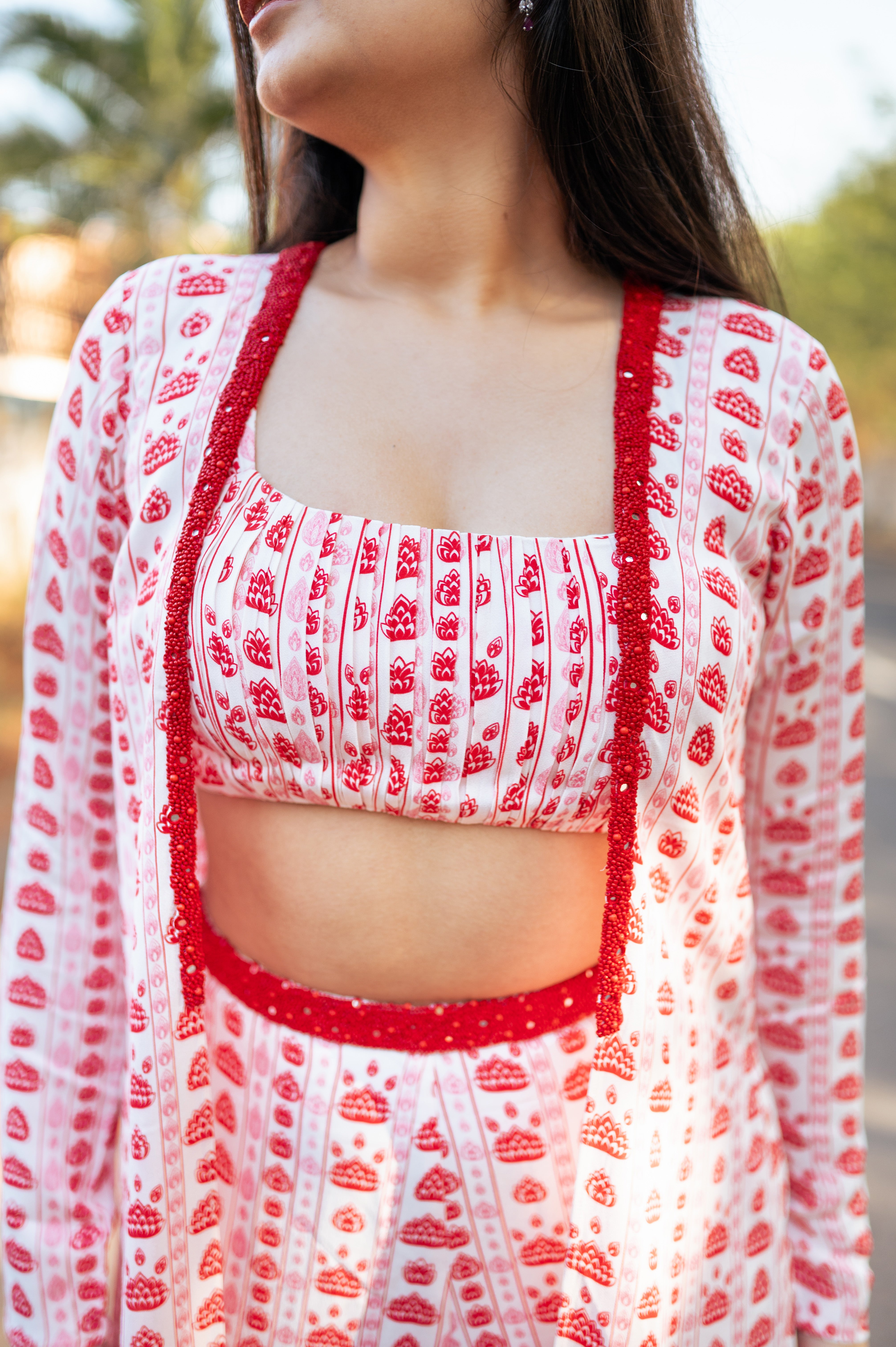 White, Red & Pink Floral Stripes Cape Set