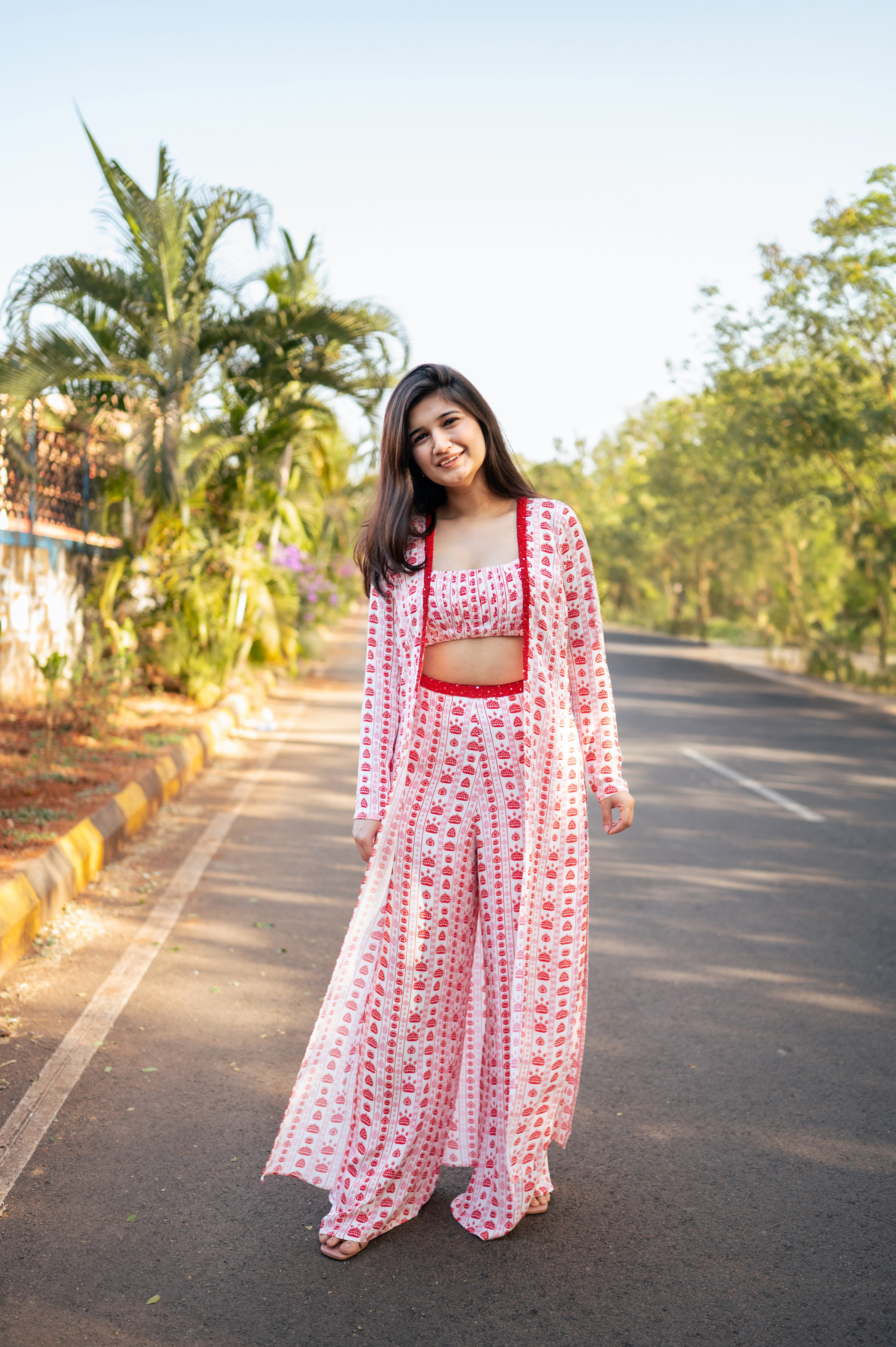 White, Red & Pink Floral Stripes Cape Set