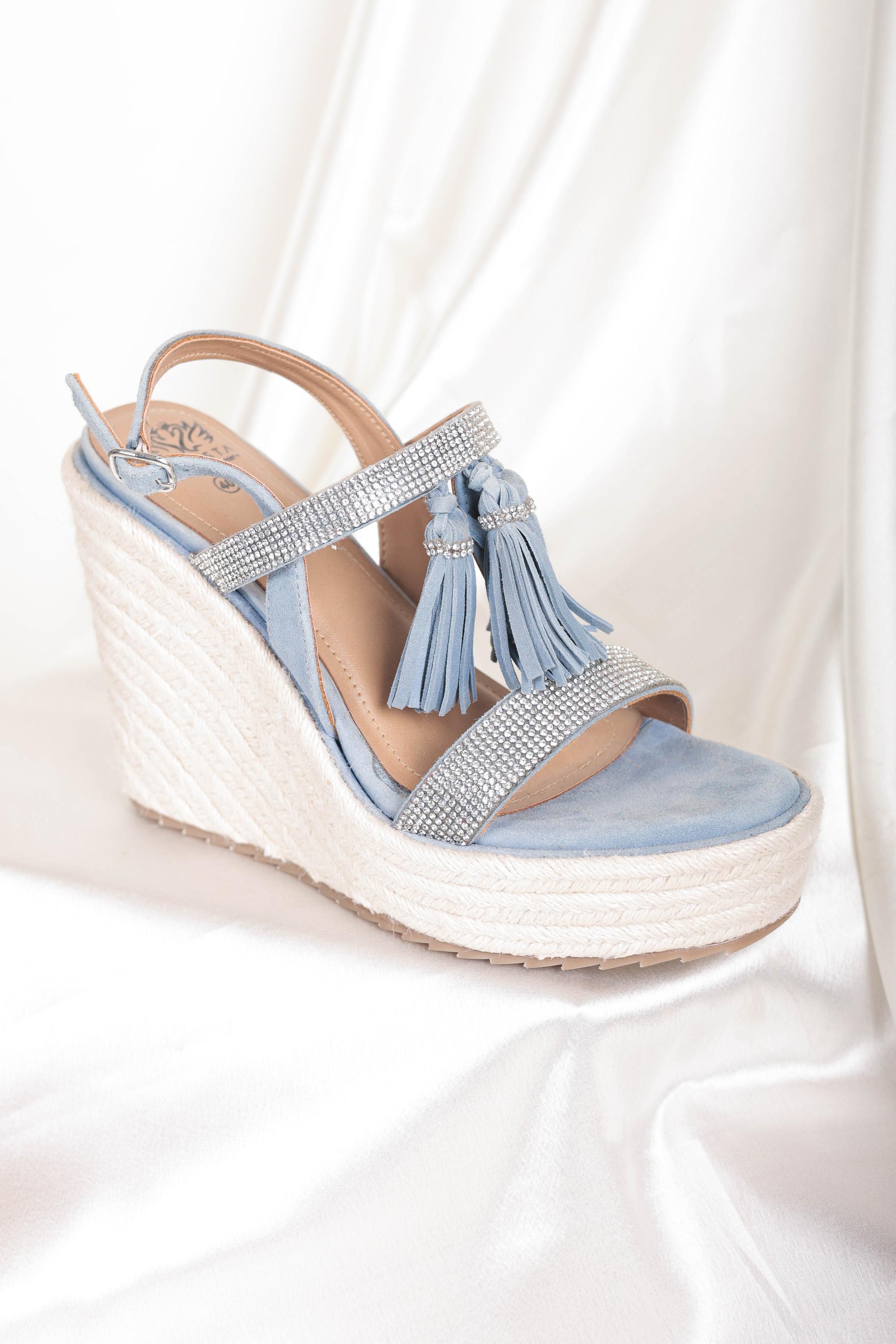 Blue wedges with Tassels and covered with jute