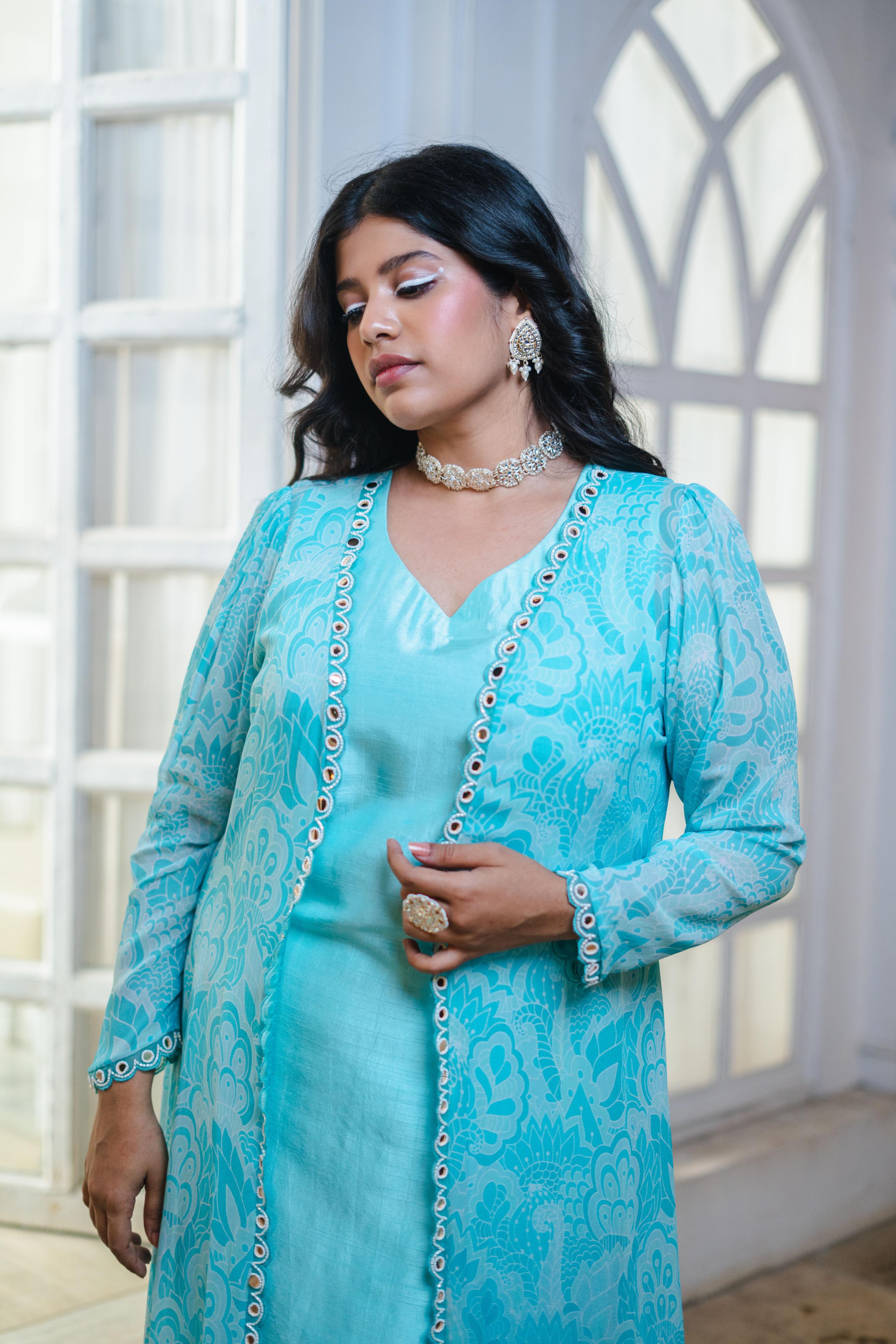 Sky Blue Abstract Printed Kurta-Jacket Set