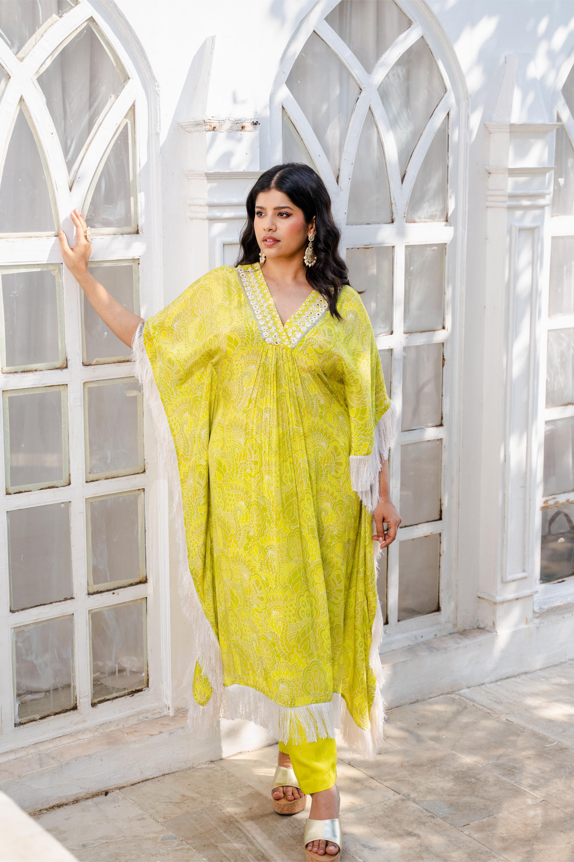 Lime Green Abstract Printed Kaftan Set