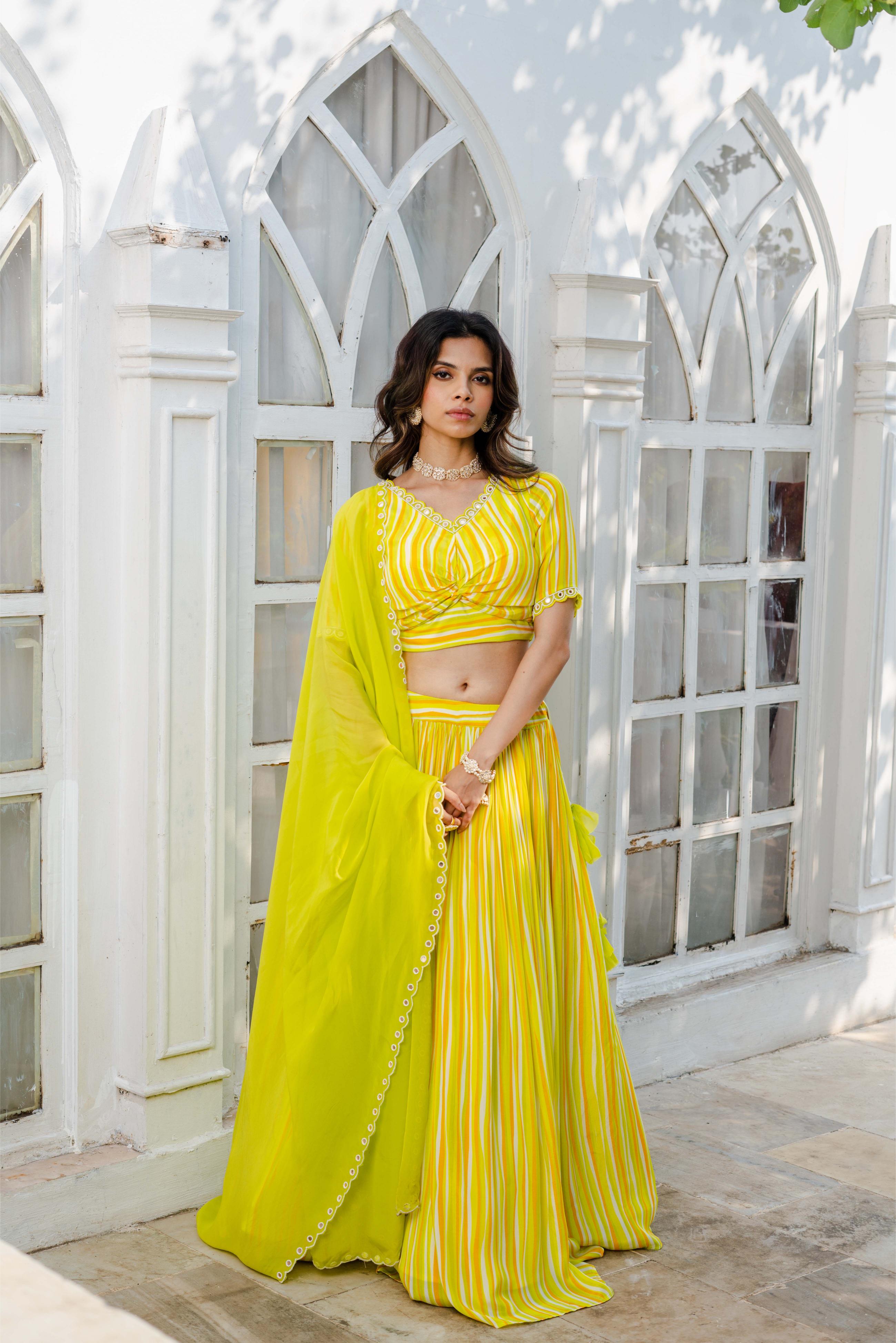 Lime Green Abstract Printed Lehenga Set