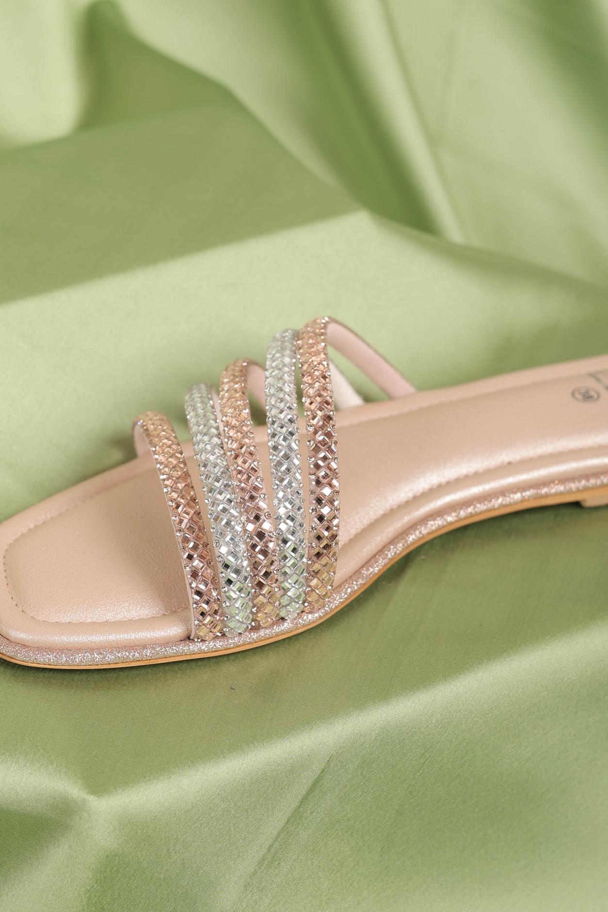 Multi strap rose gold square toe flats