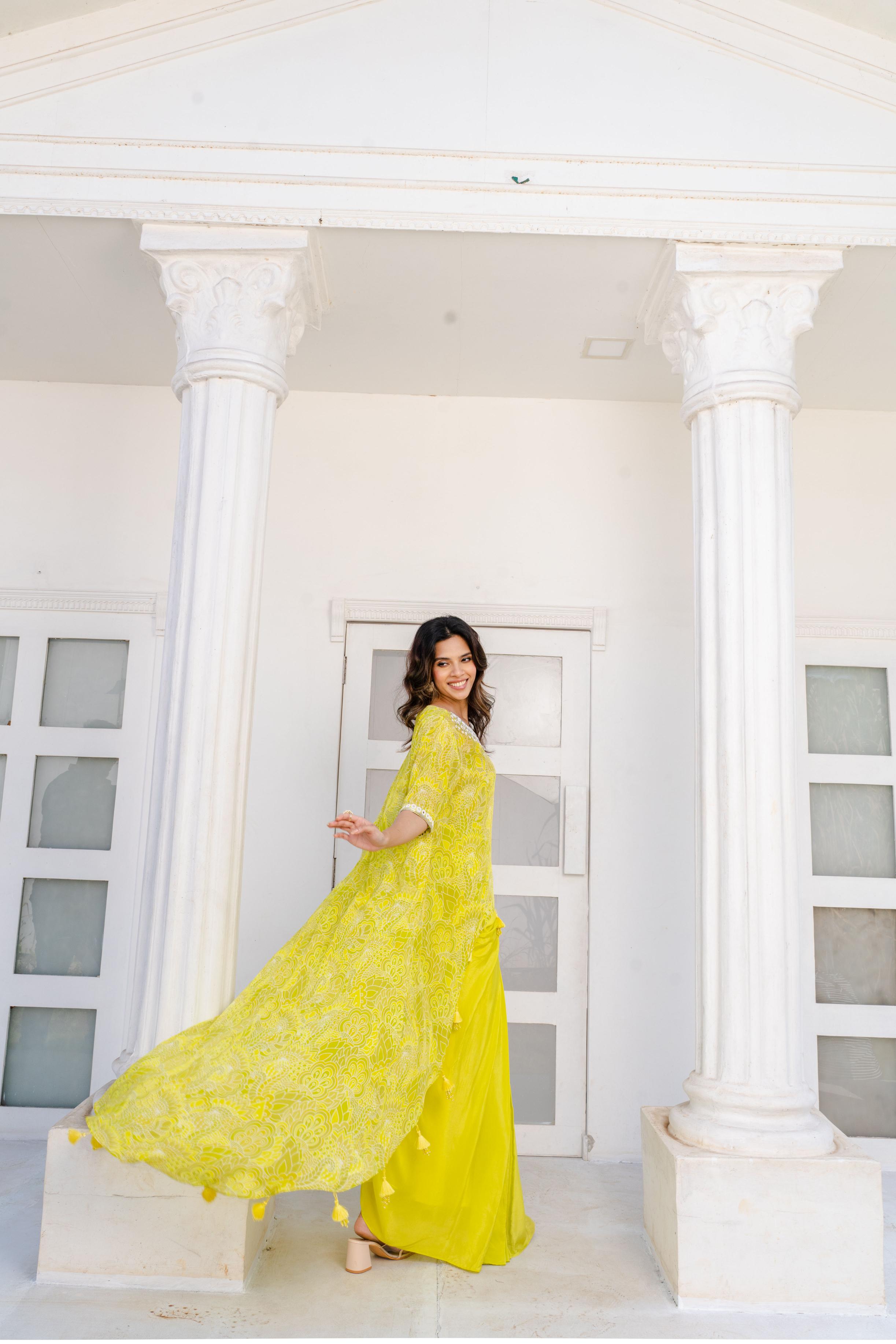 Lime Green Abstract Printed Top With Solid Drape Skirt.