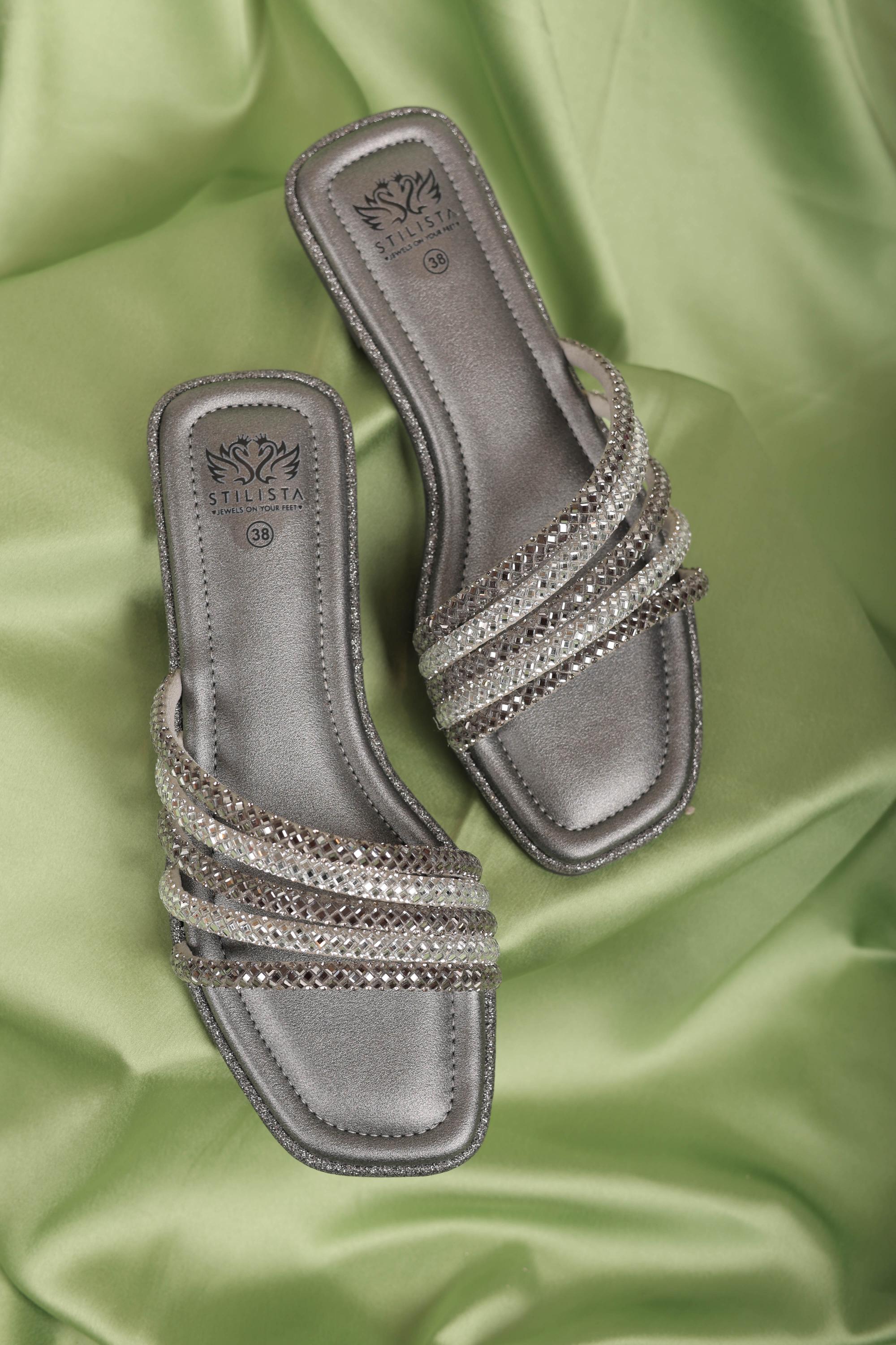 Multi strap gunmetal square toe flats