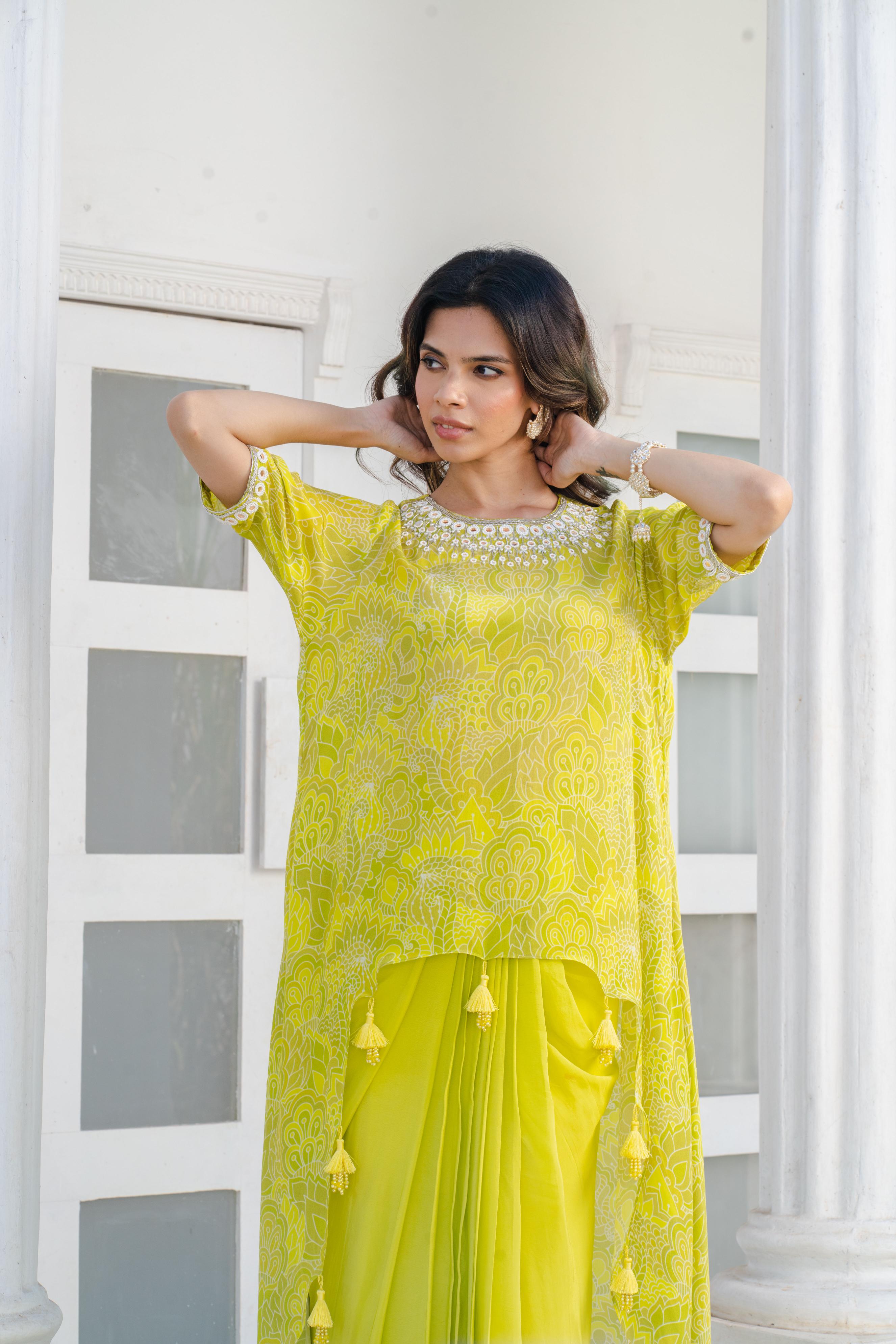 Lime Green Abstract Printed Top With Solid Drape Skirt.