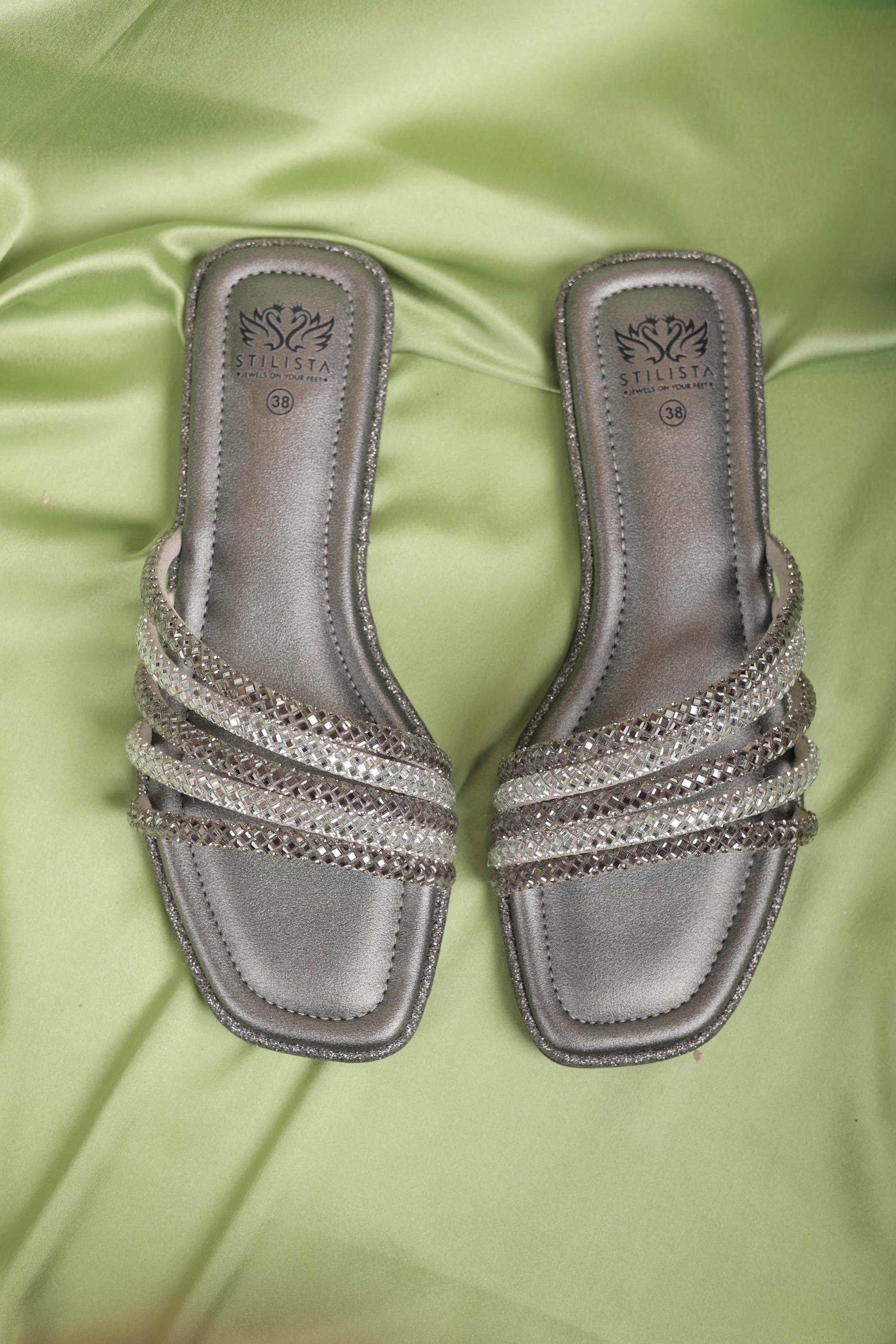 Multi strap gunmetal square toe flats