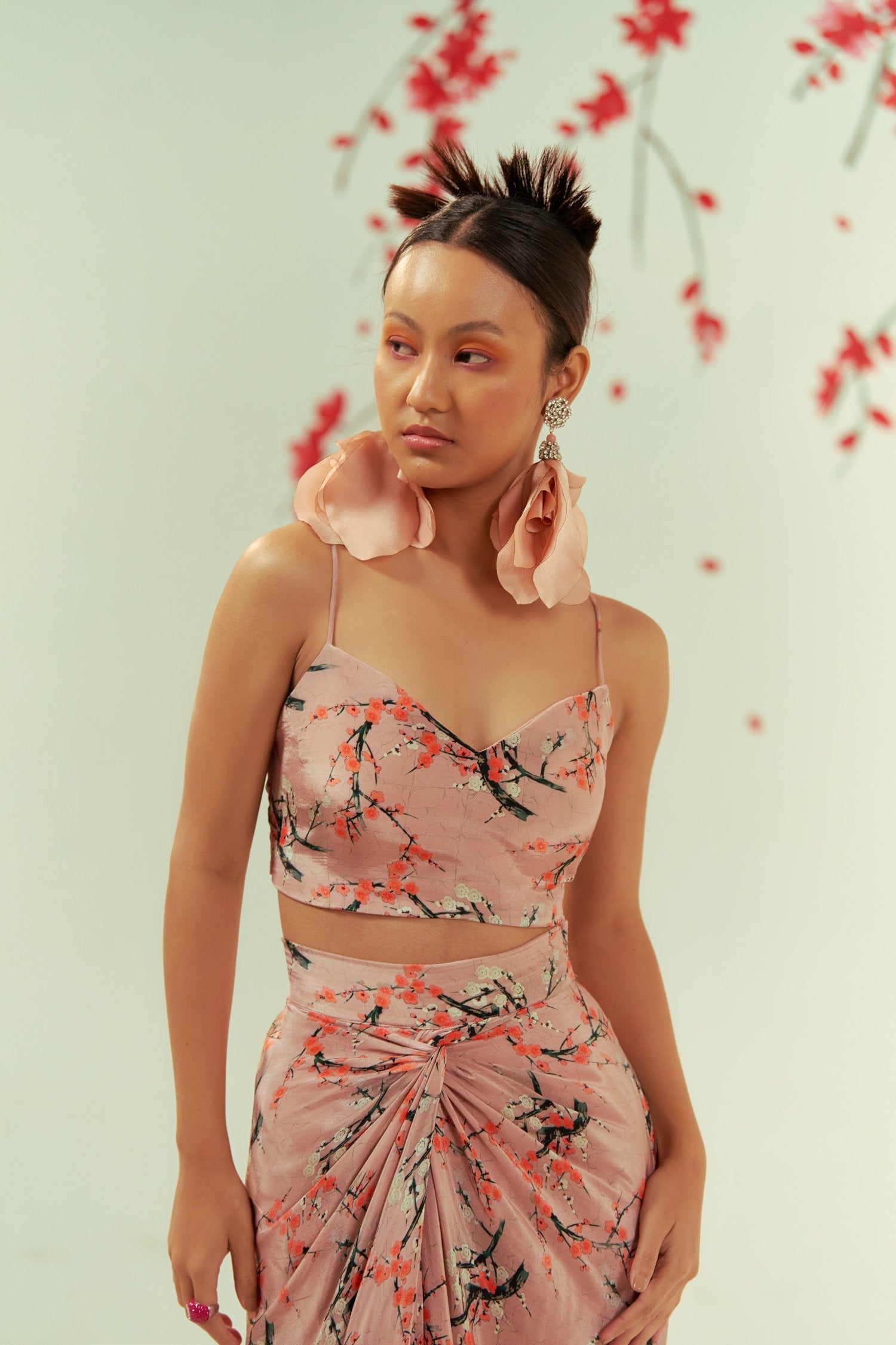 Mizu Embroidered Blazer With Printed Bustier And Skirt Co-Ord Set