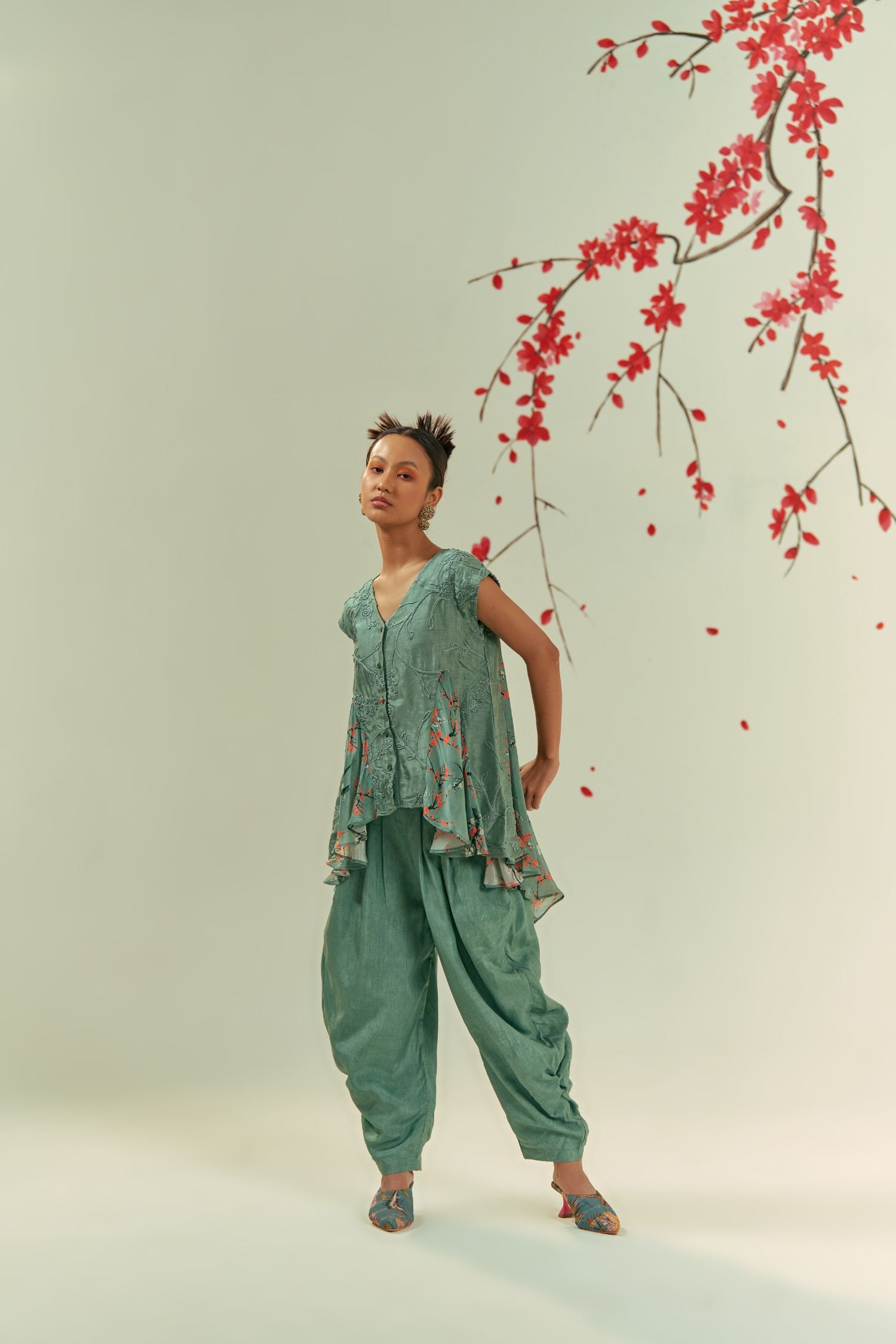 Kaze Green Top With Geylu Harem Pants Co-Ord Set