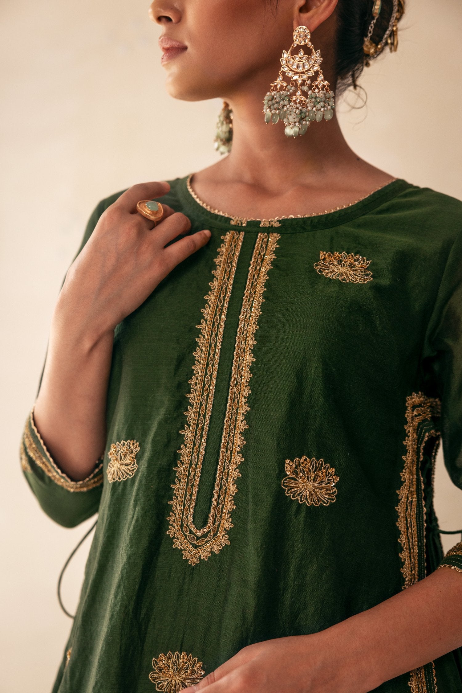 Green Chanderi Lucknowi Style Kurta