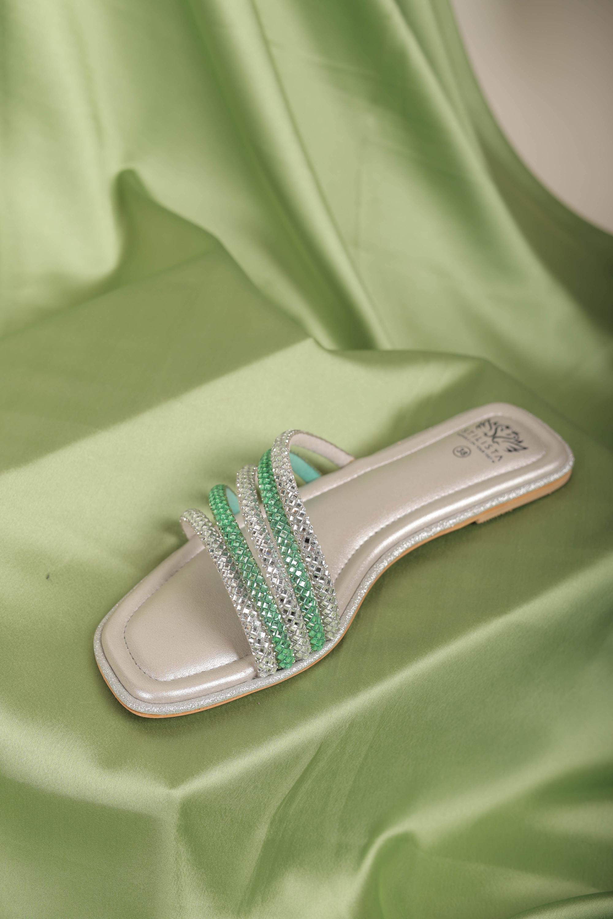 Multi strap green/silver square toe flats