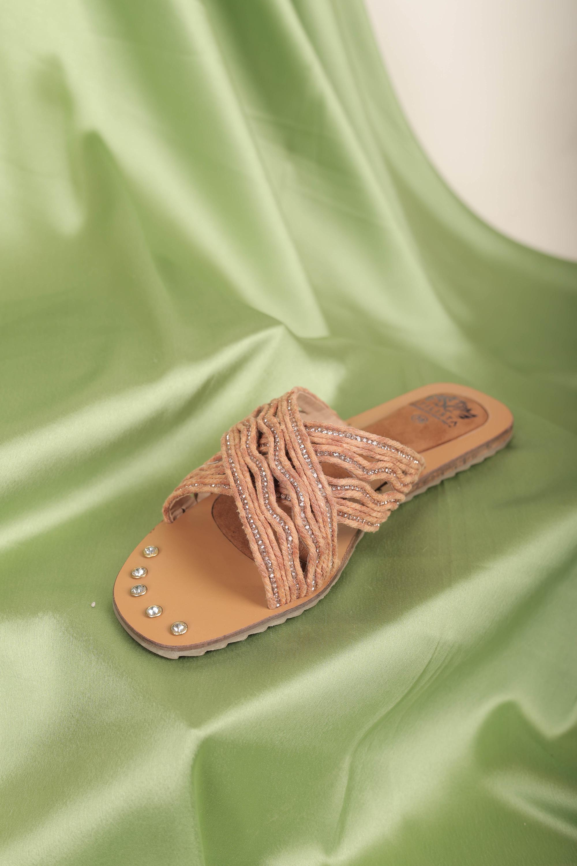 Orange cross strap flats in round toe slides