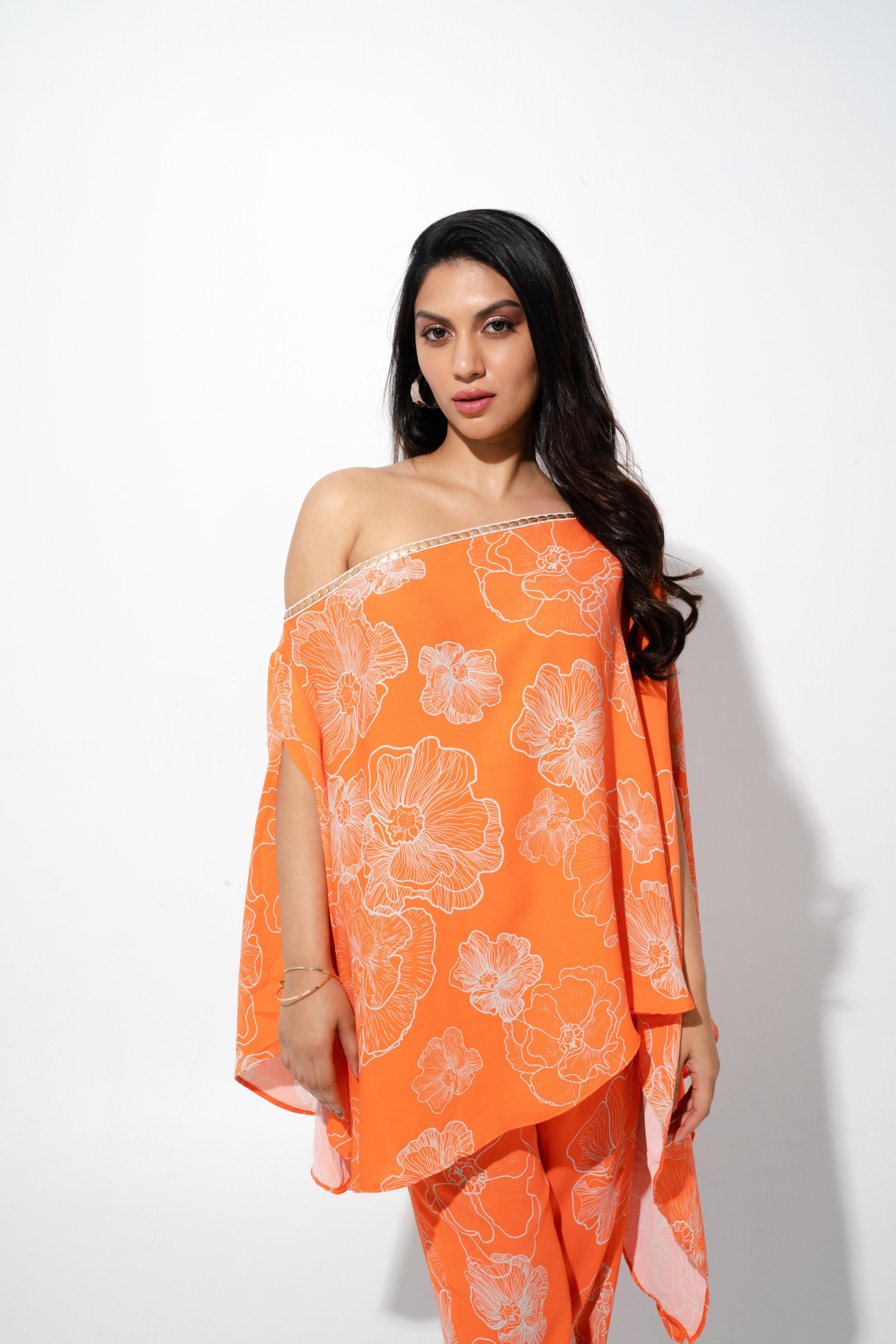 Orange floral printed off shoulder Co-ord set