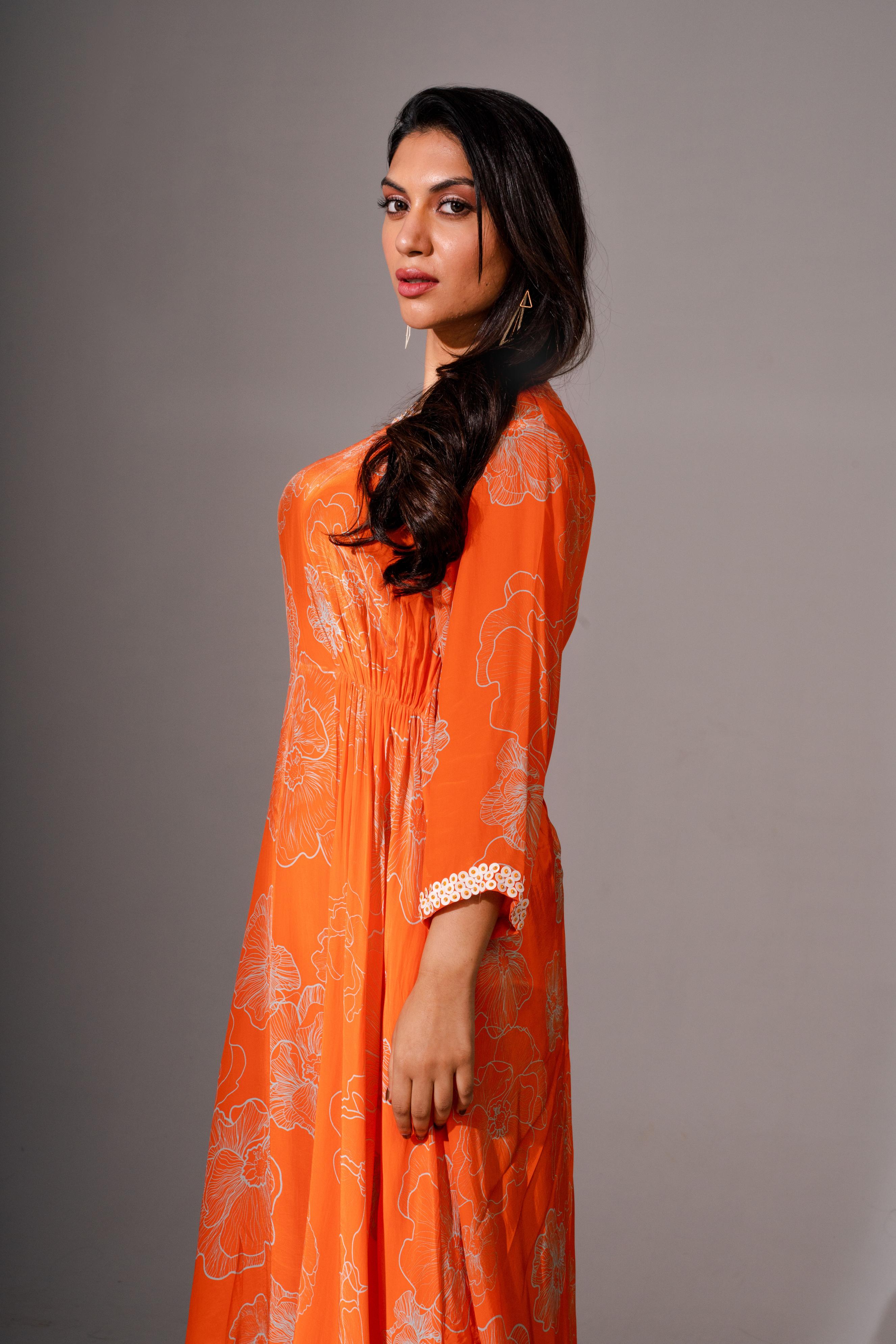 Orange Floral printed Midi Dress With Asymmetric Hemline