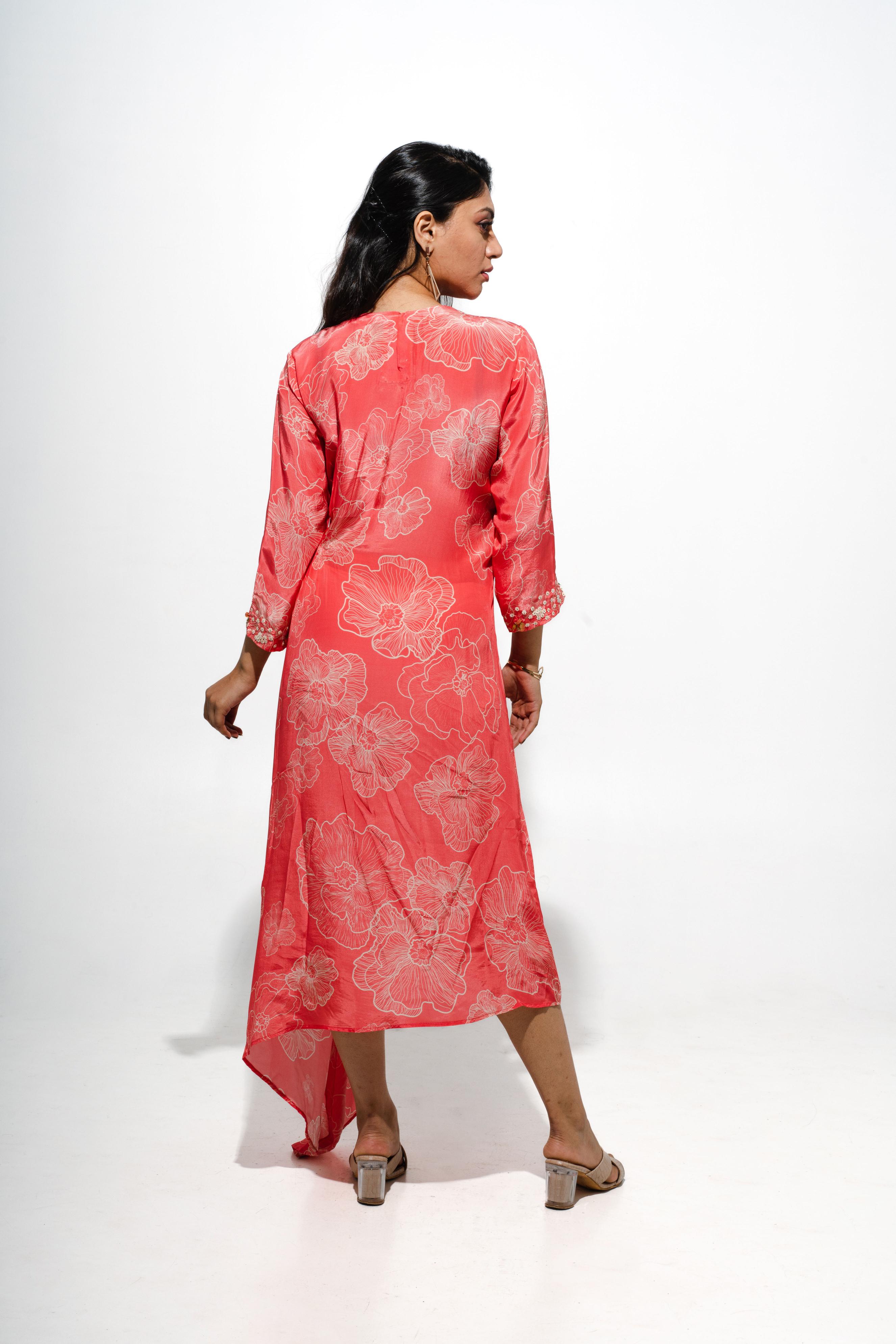 Coral Midi Dress With Asymmetric Hemline