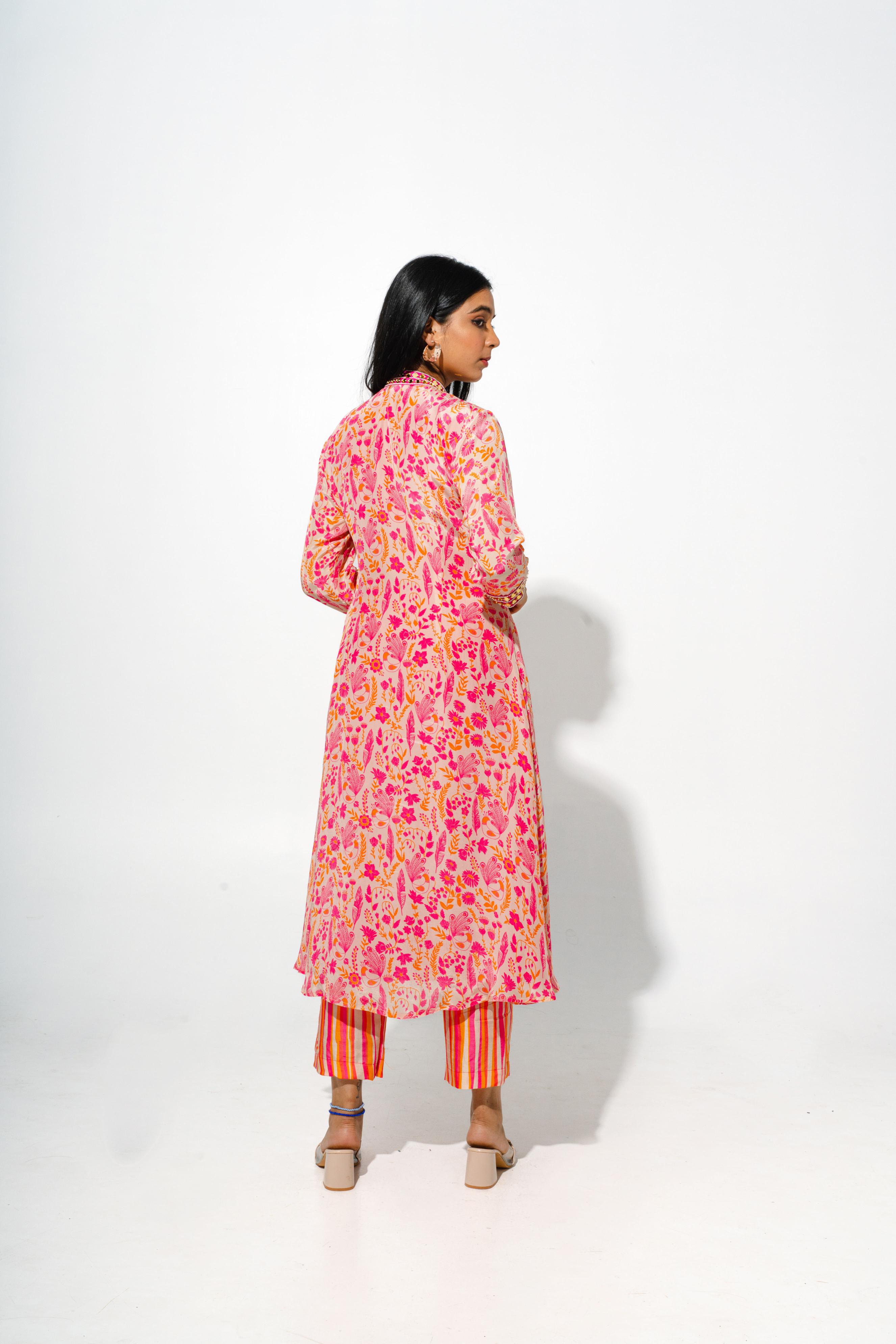 Floral Print Kurta Set With Striped Silk Pants