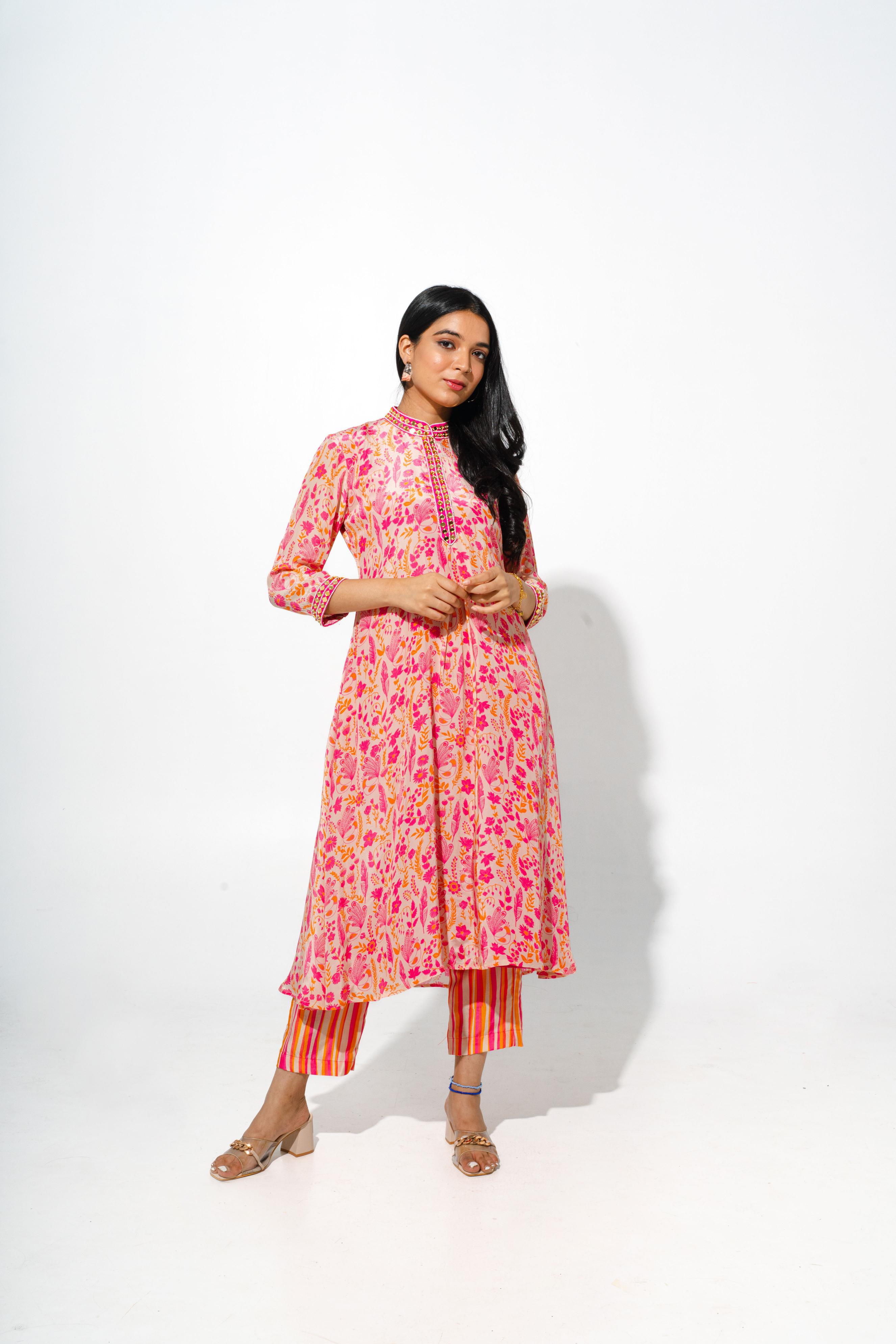 Floral Print Kurta Set With Striped Silk Pants