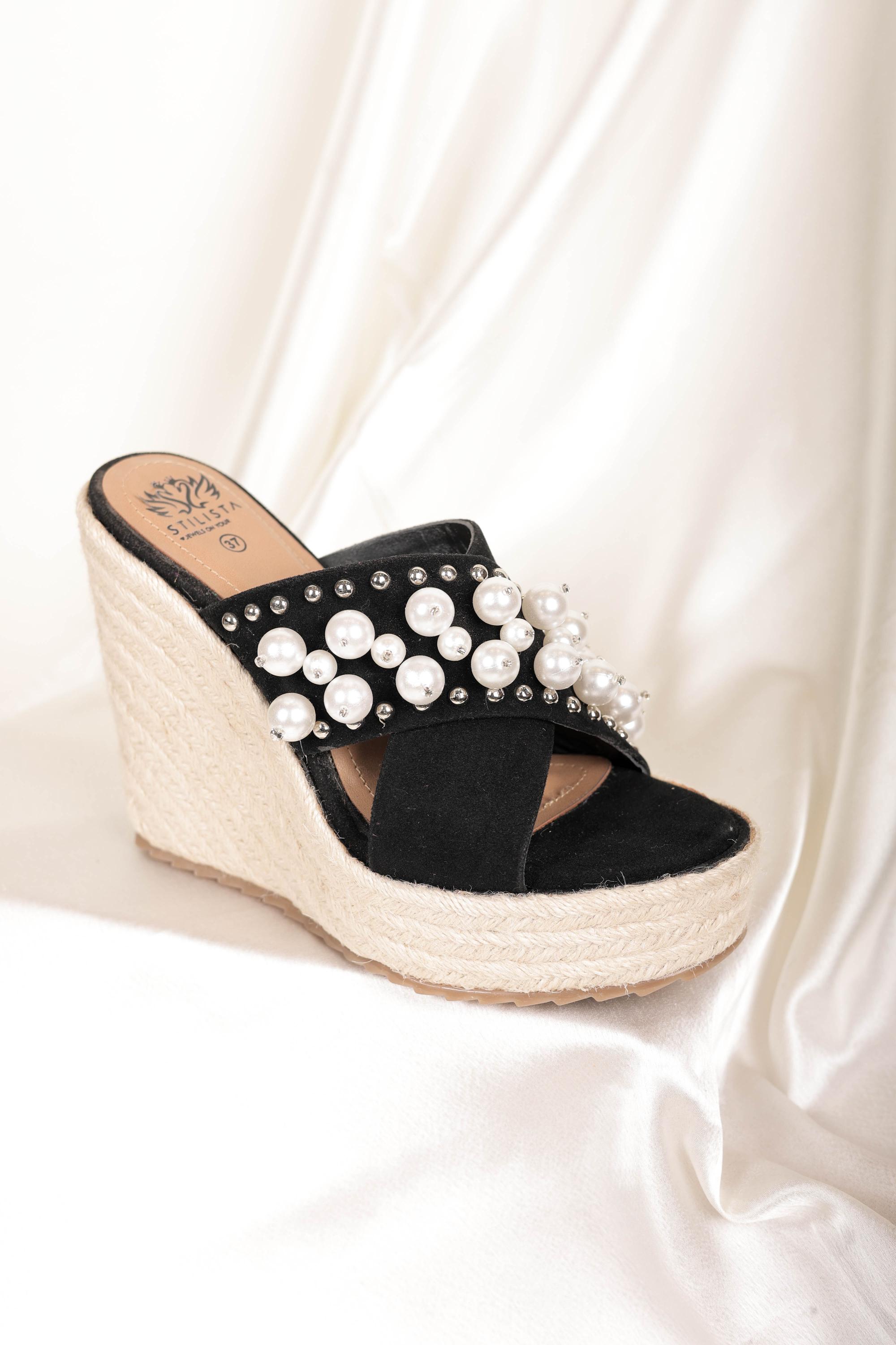 Black with Jute wedges studded with pearl