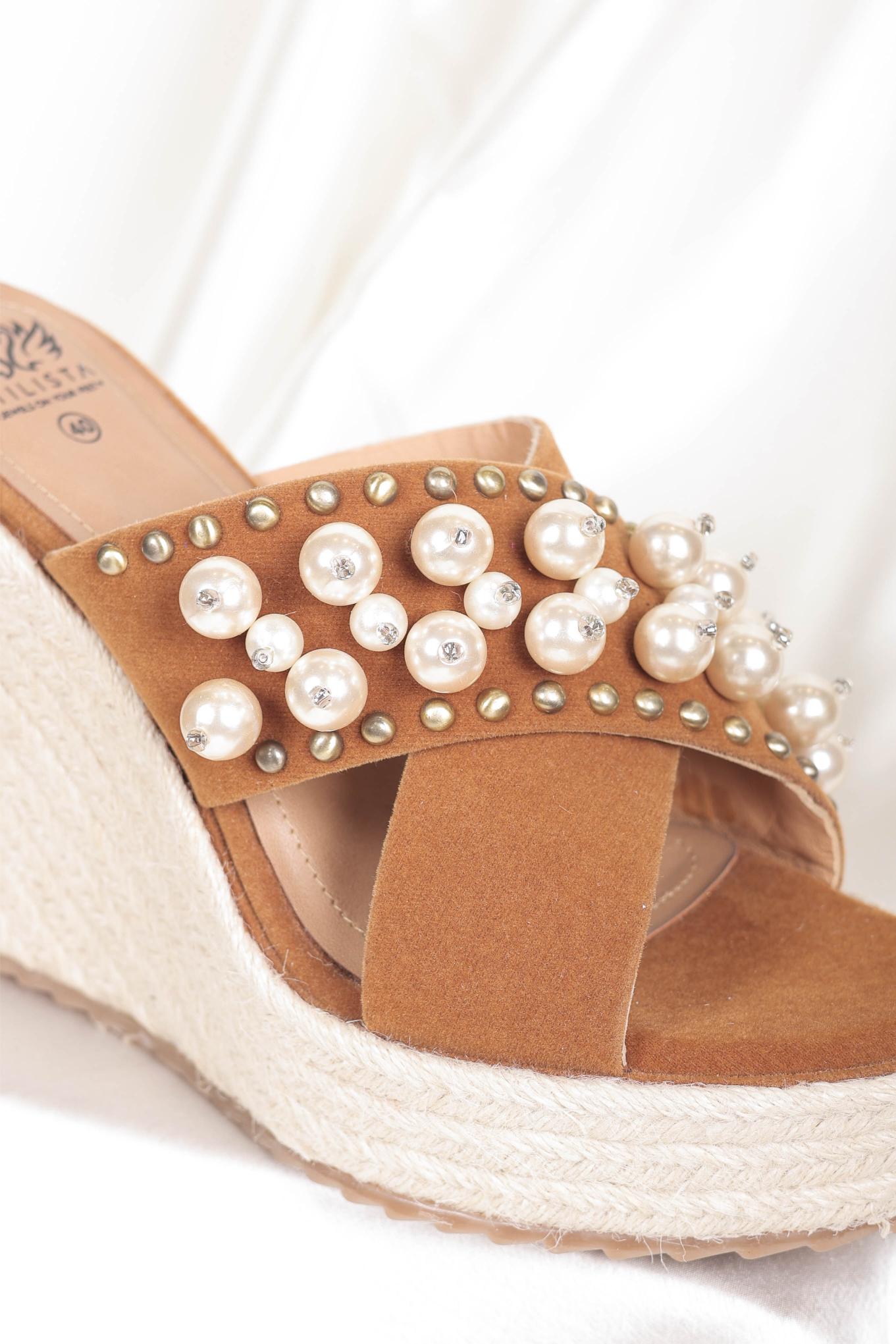 Tan with jute wedges studded with pearls