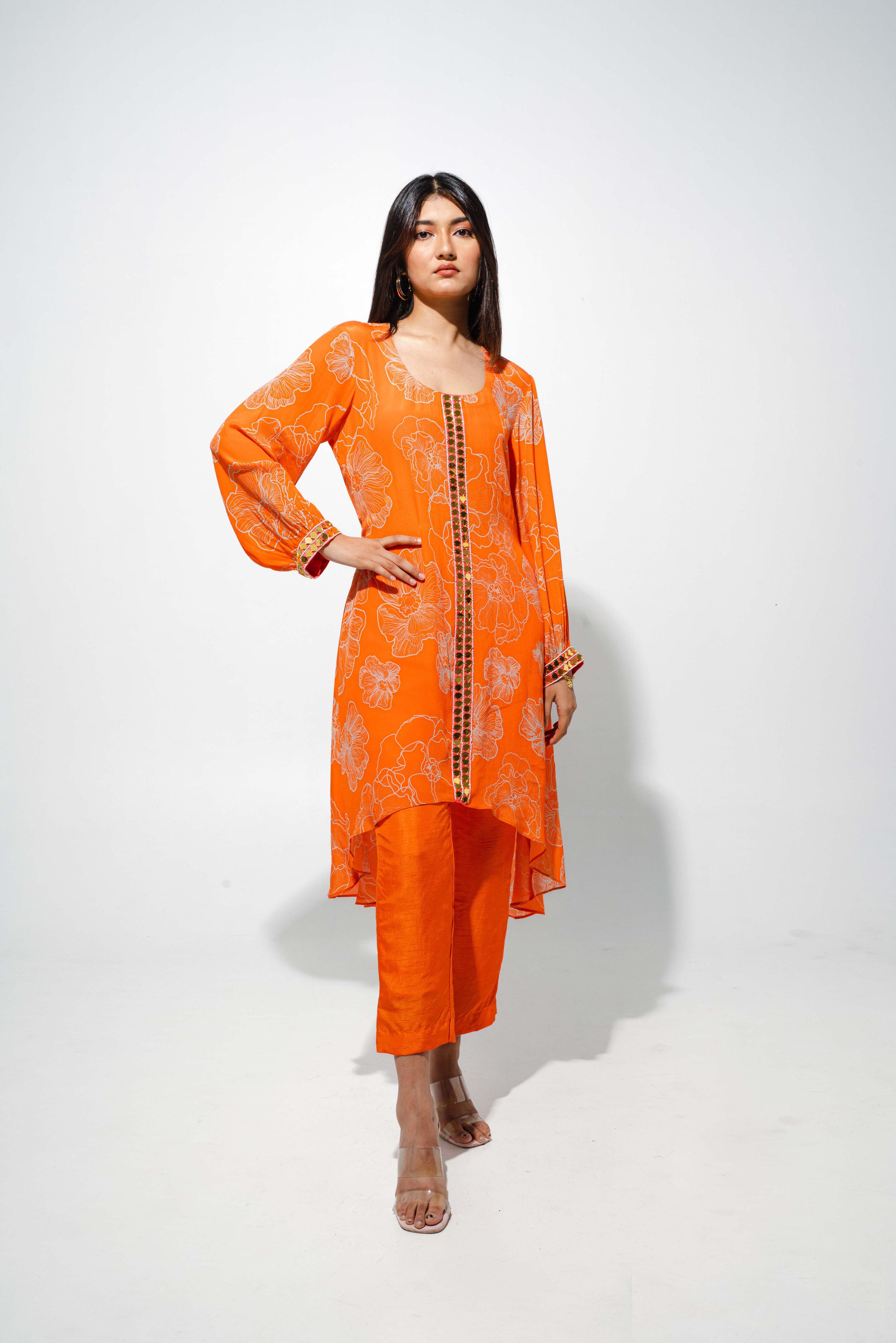 Orange Floral Print Kurta Set with High Low Hemline