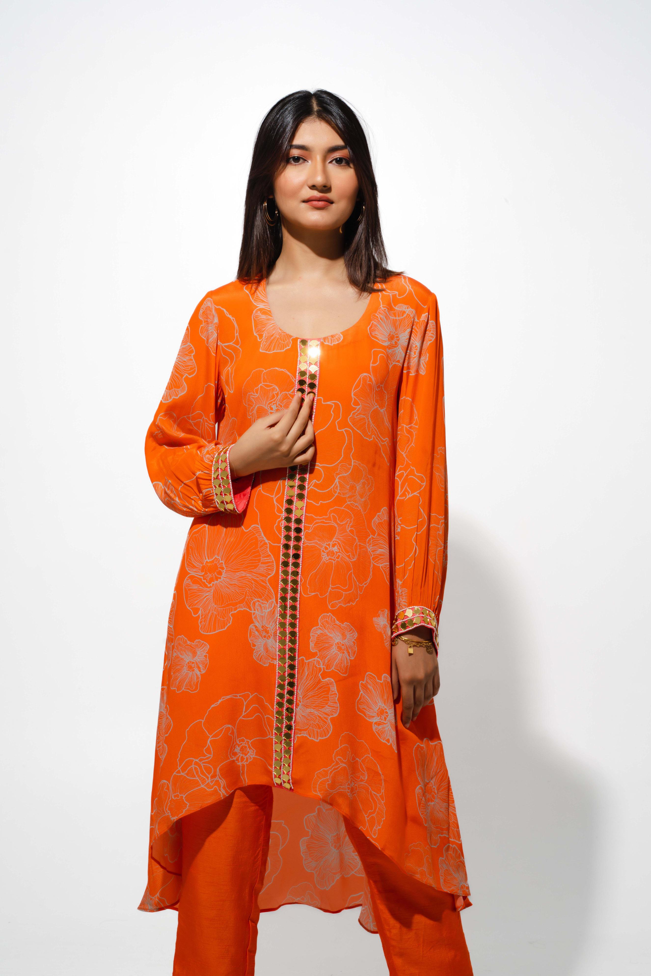 Orange Floral Print Kurta Set with High Low Hemline