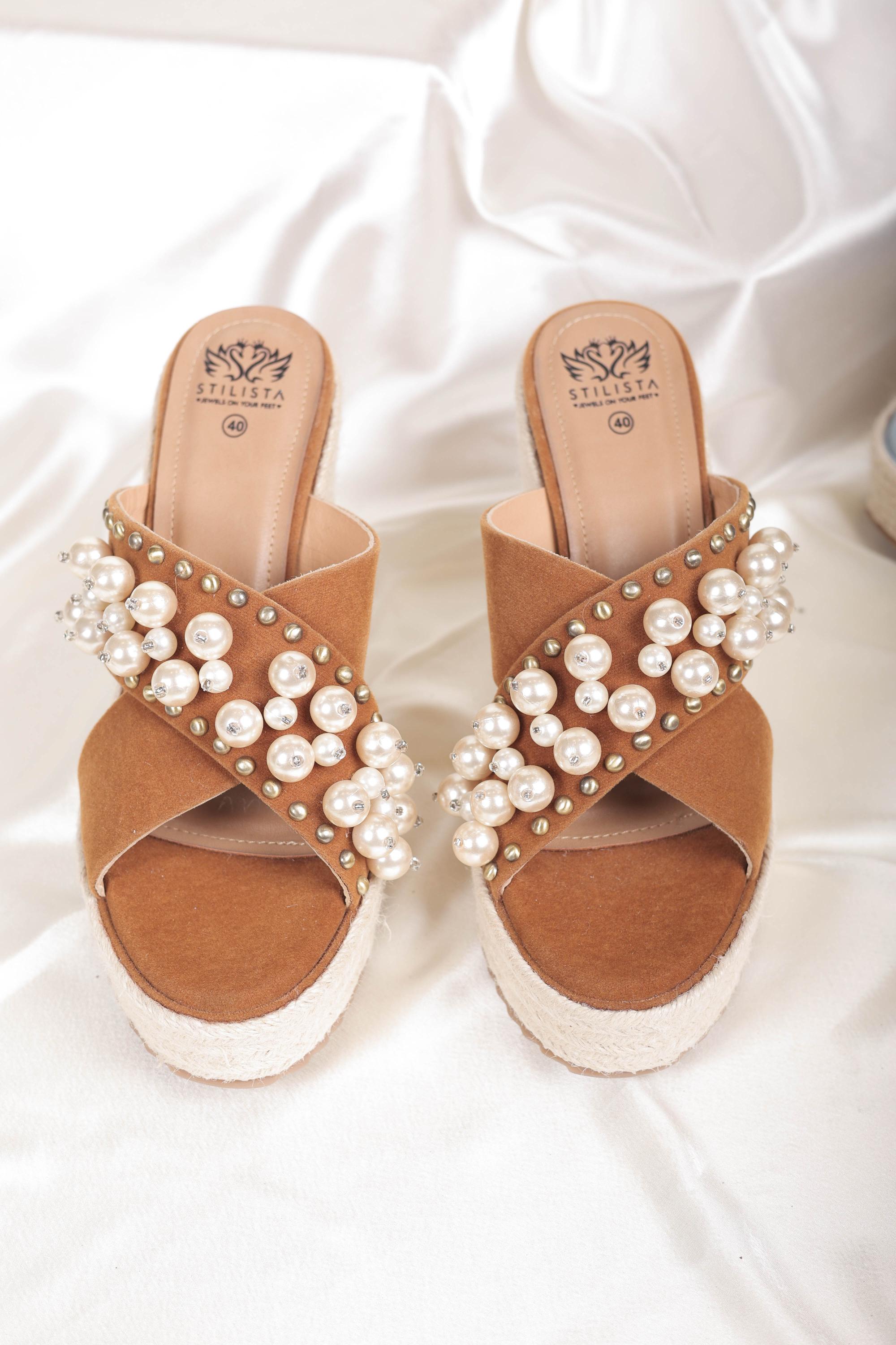 Tan with jute wedges studded with pearls