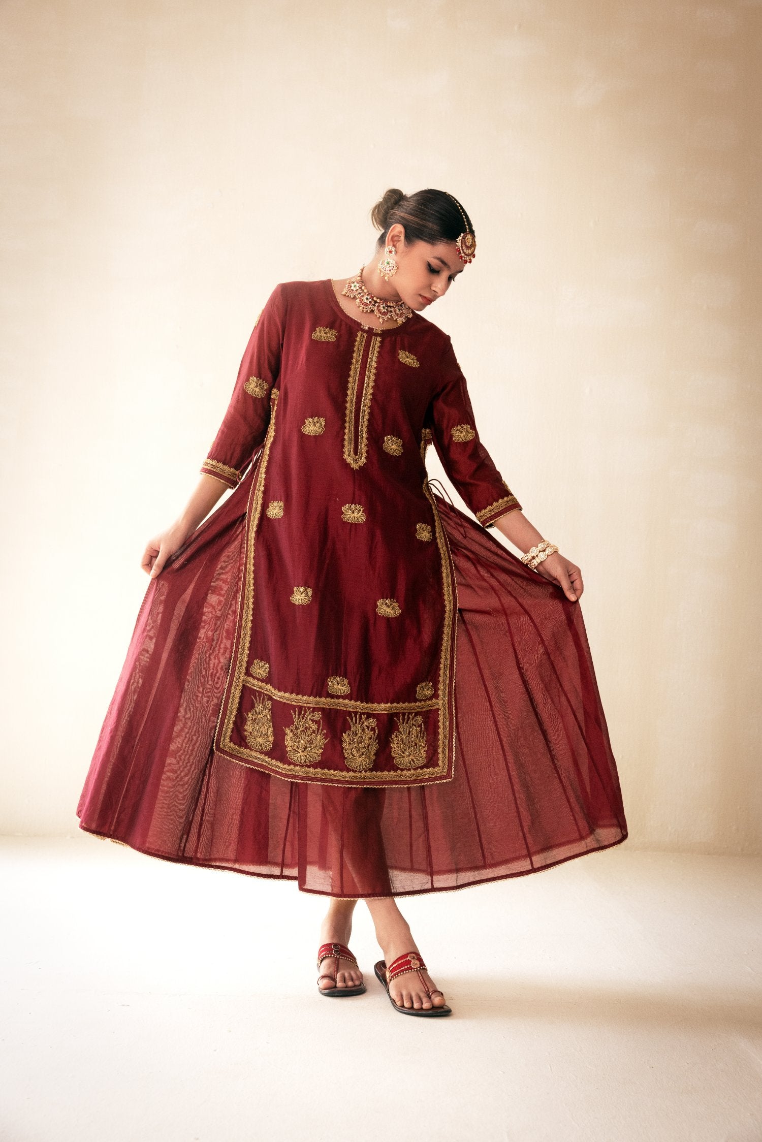 Maroon Chanderi Lucknowi Style Kurta