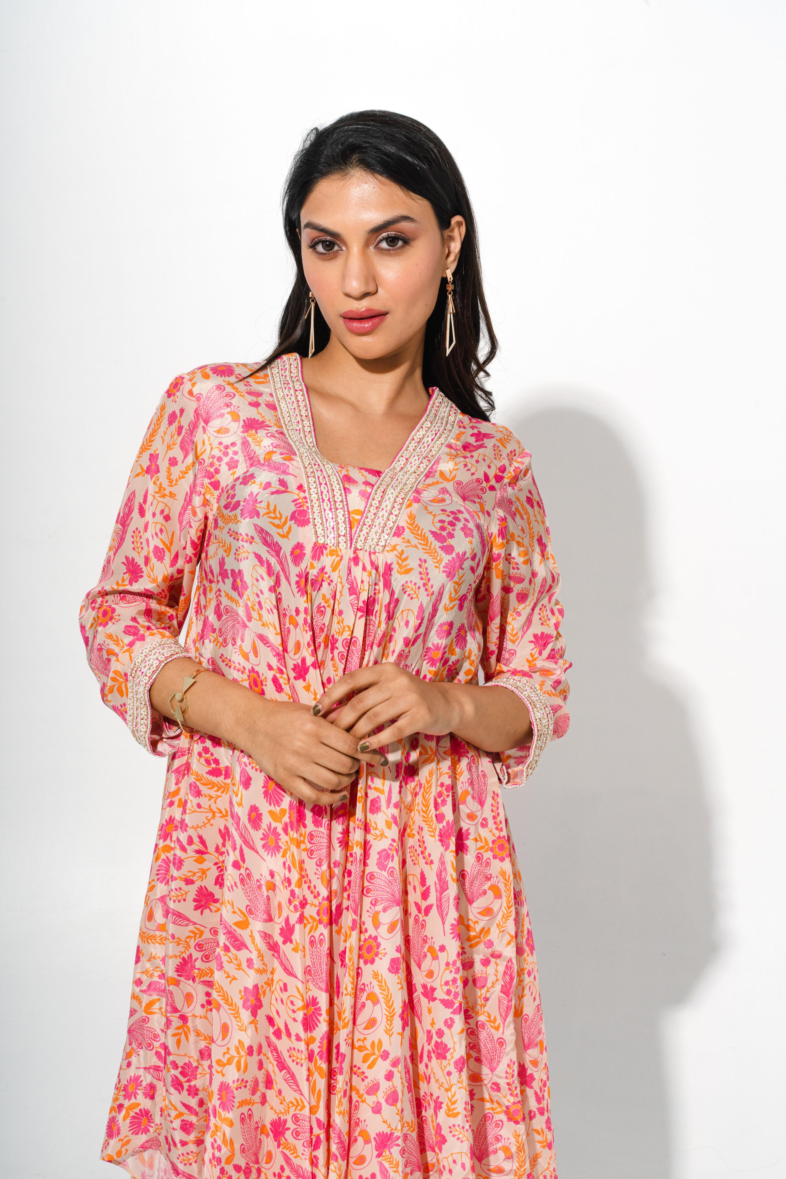 Floral Printed Kurta Set With Asymmetric Hemline