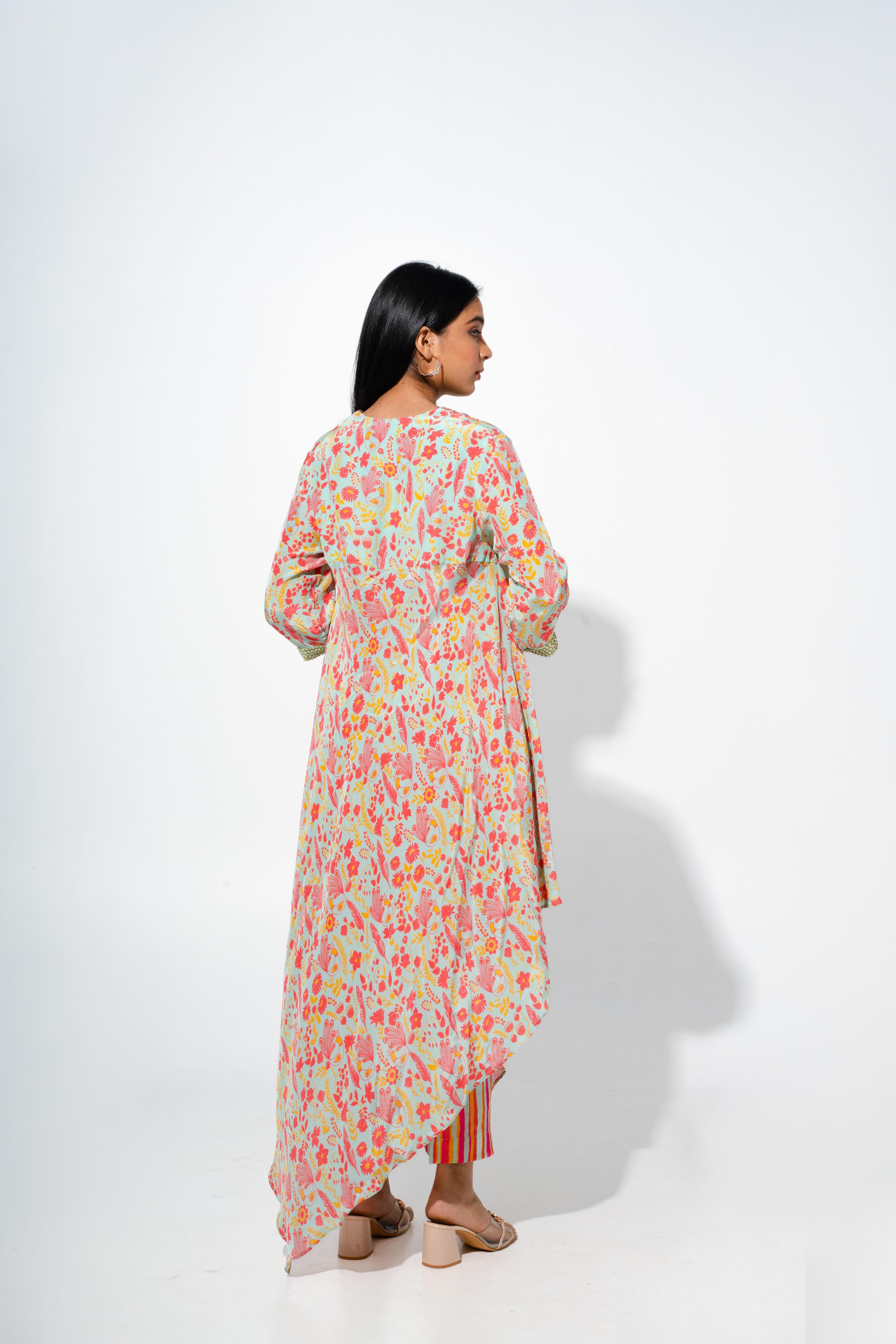 Floral Printed Tunic Set With Asymmetric Hemline