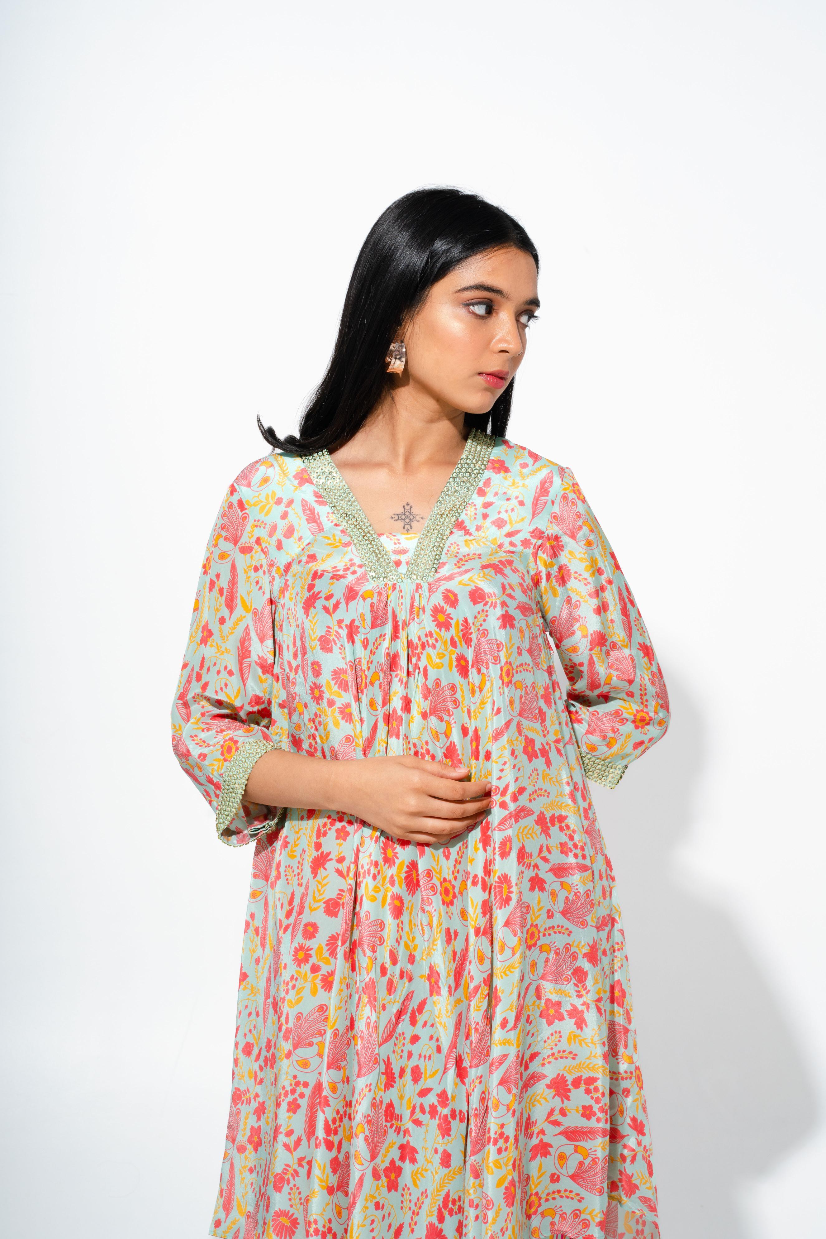 Floral Printed Tunic Set With Asymmetric Hemline