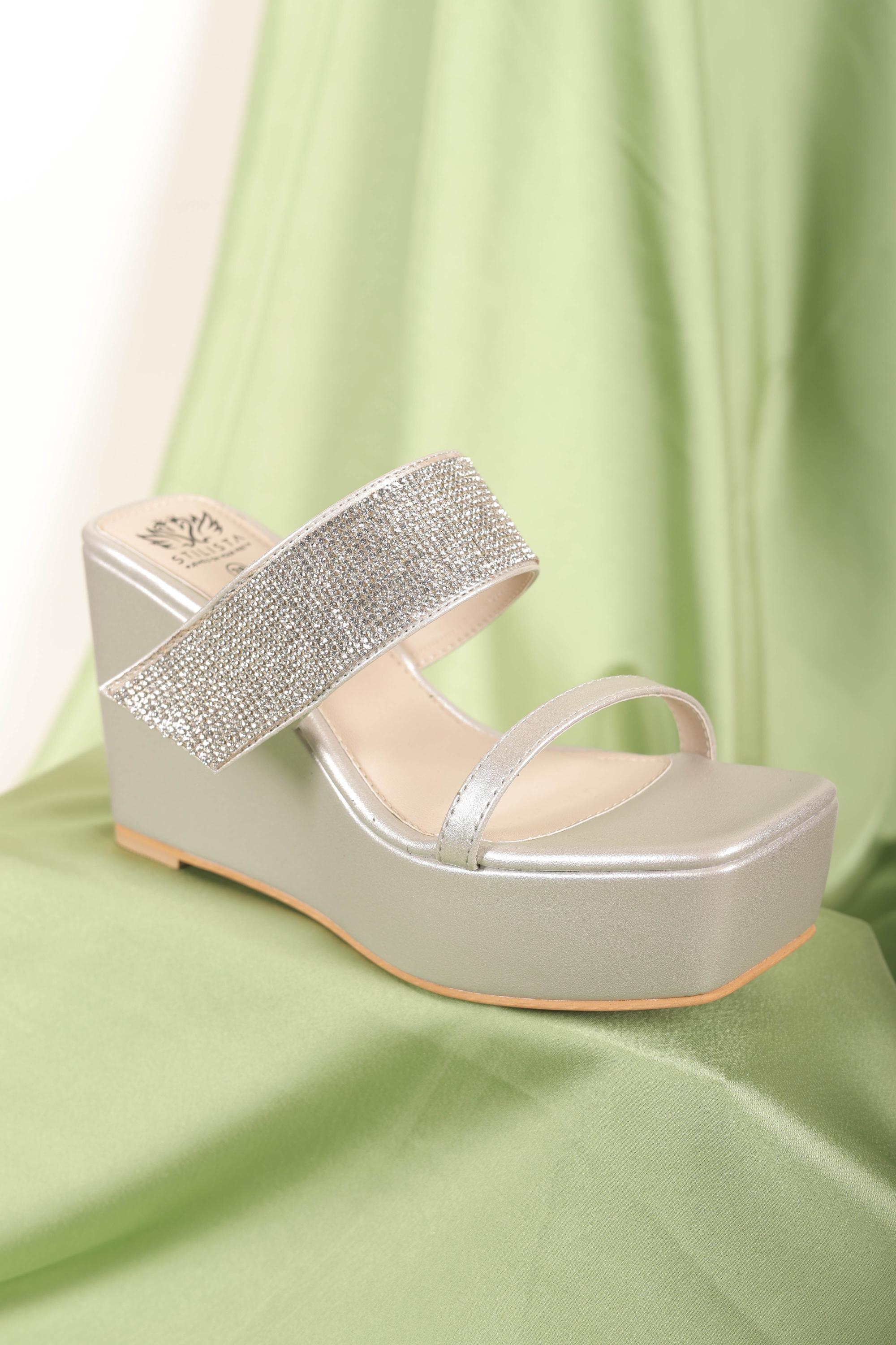 Double strap silver wedges studded with stones