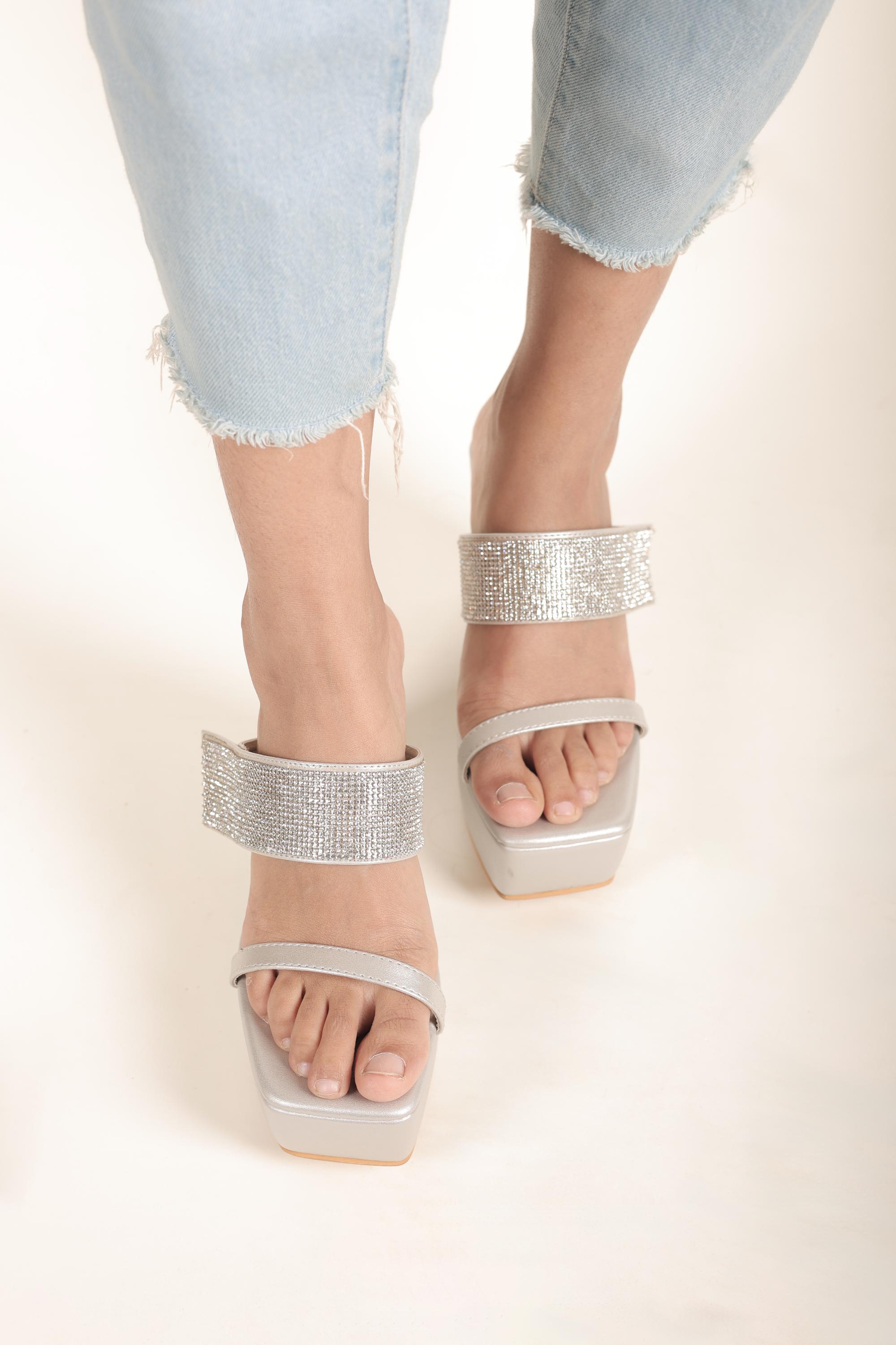 Double strap silver wedges studded with stones