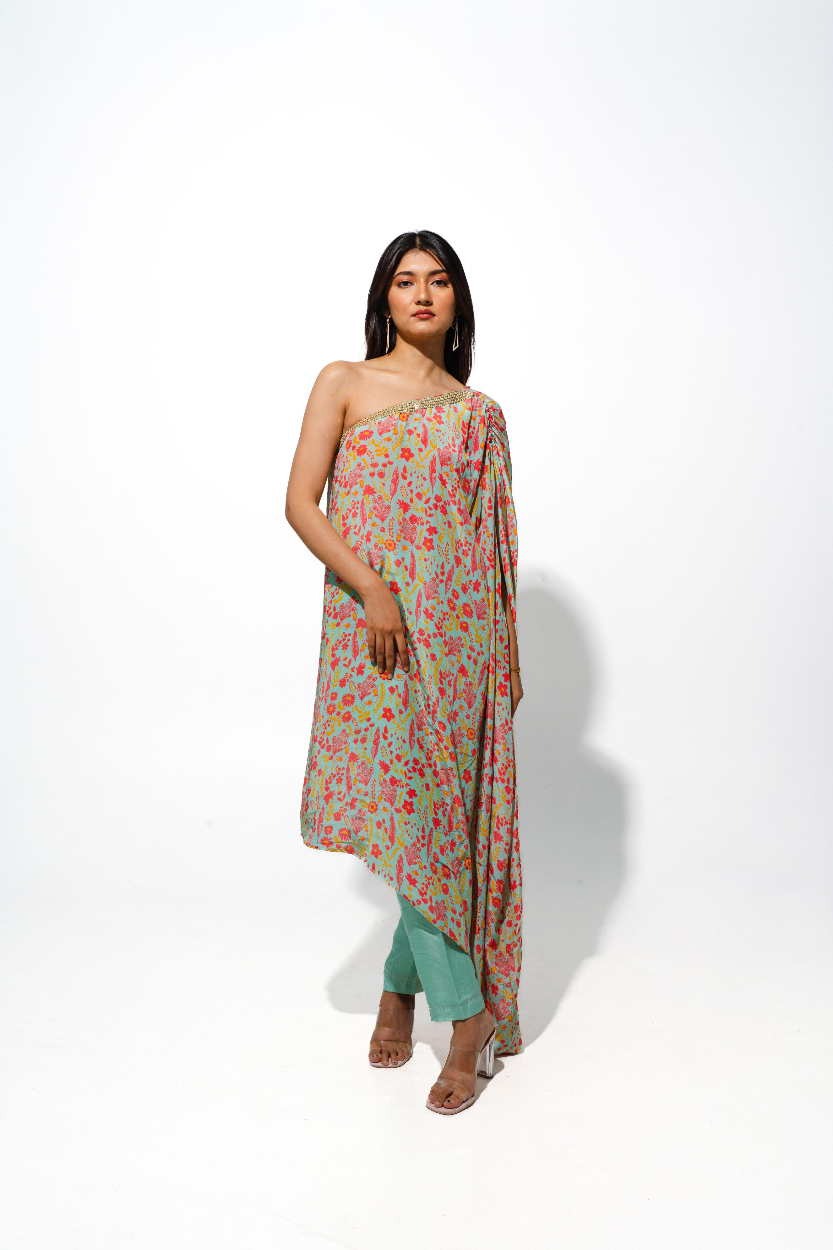 One Shoulder Floral Printed Tunic Set