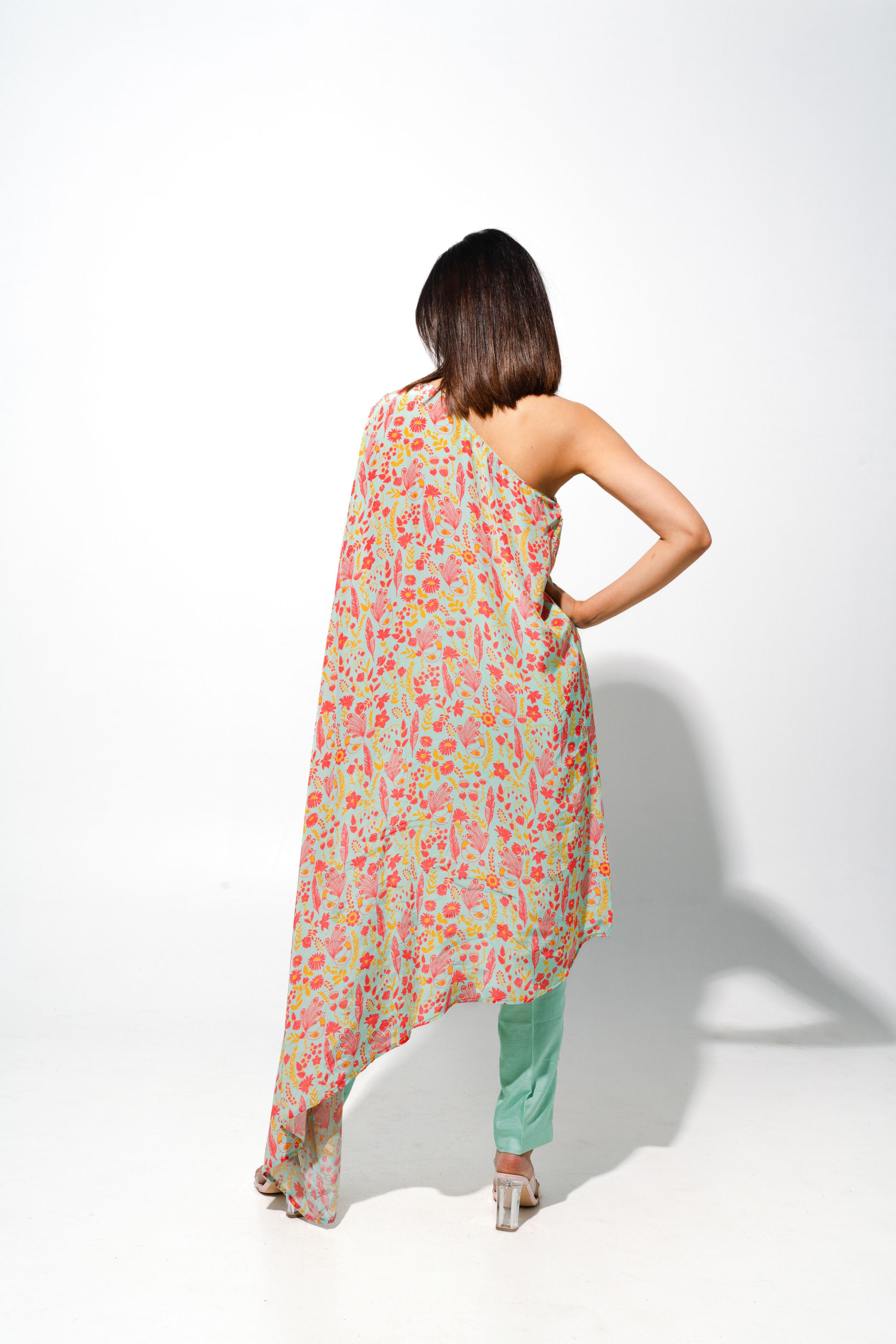 One Shoulder Floral Printed Tunic Set