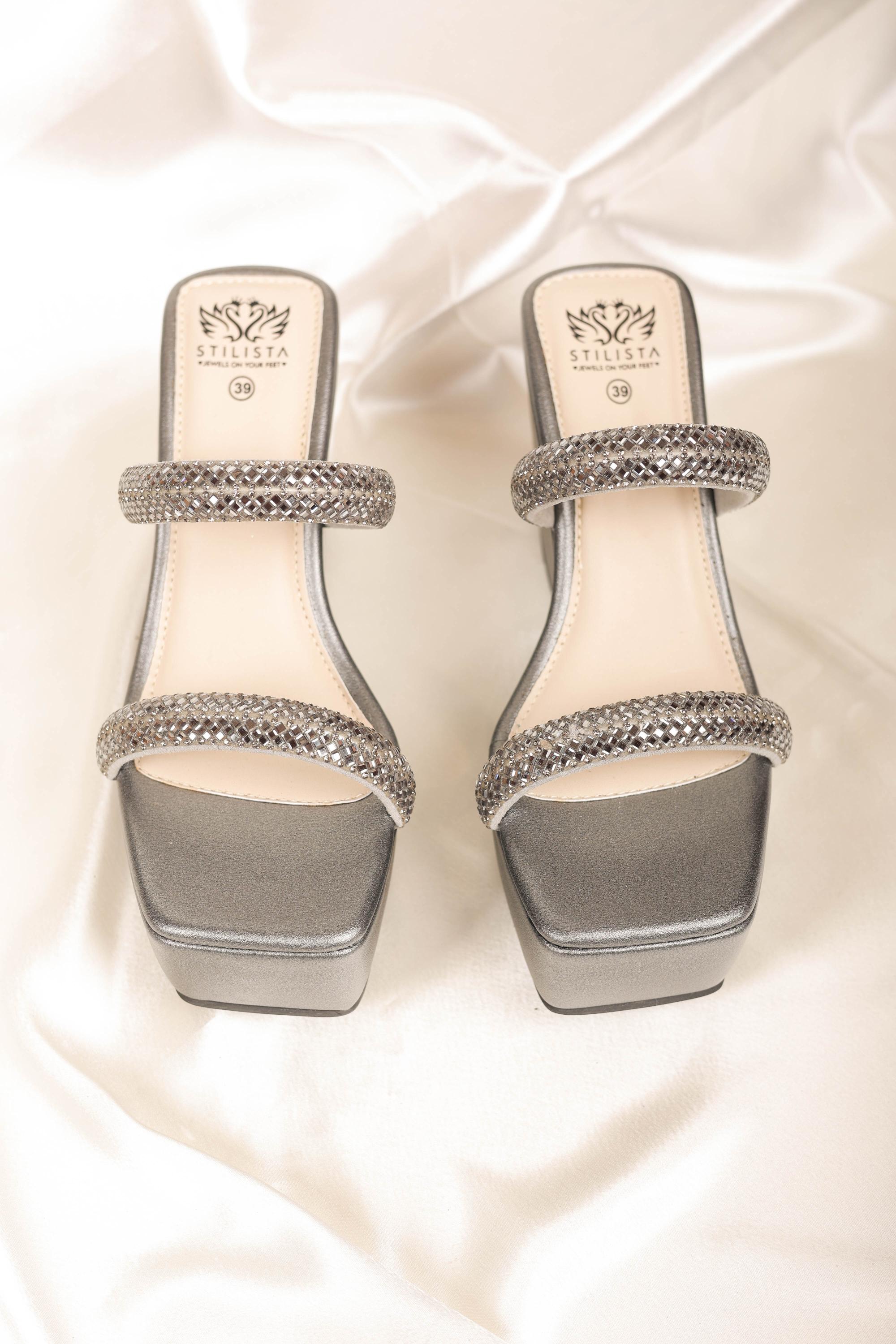 Parallel strap square toe  wedges in gun metal