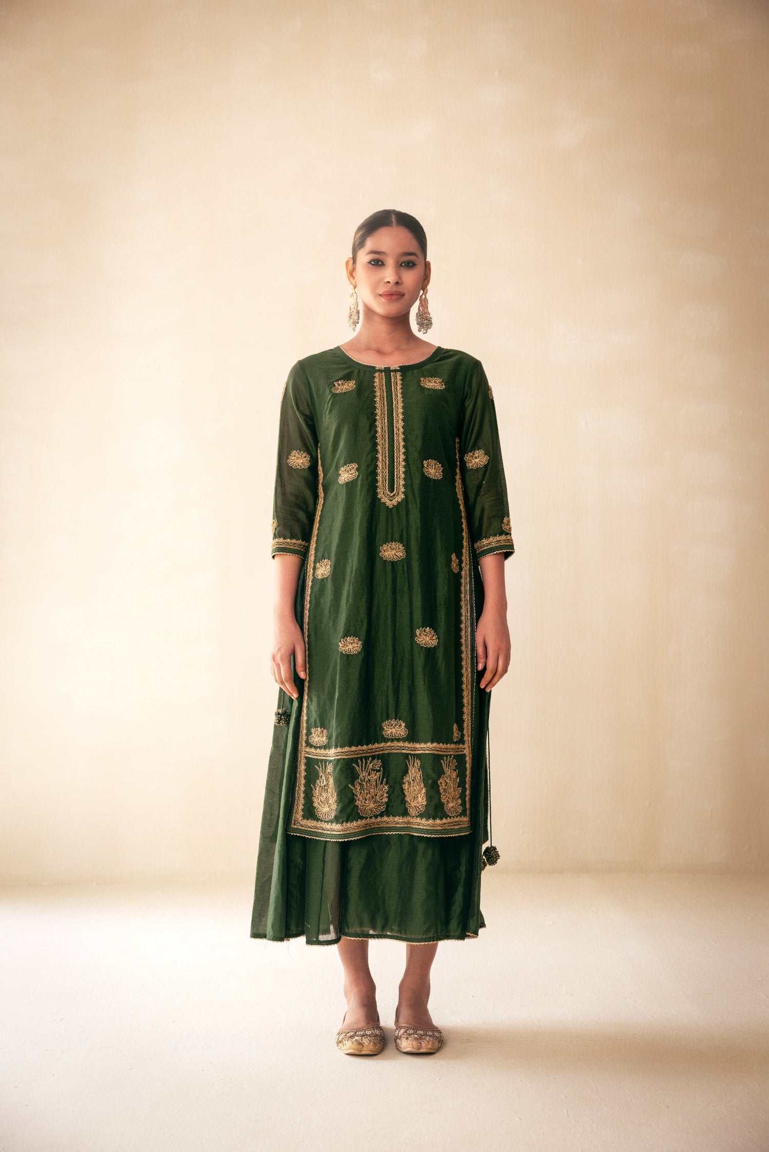 Green Chanderi Lucknowi Style Kurta