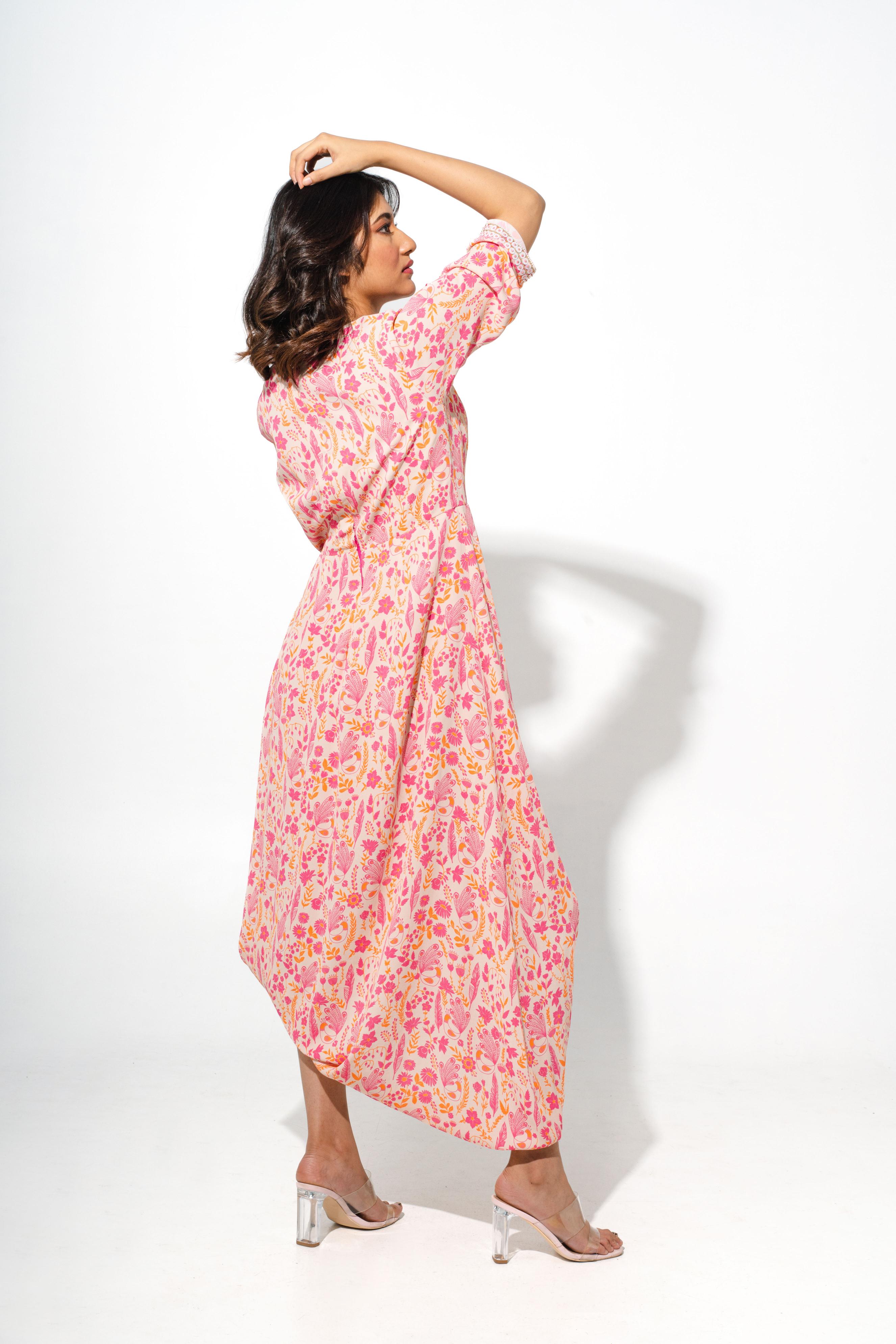 Floral Printed Cowl Dress