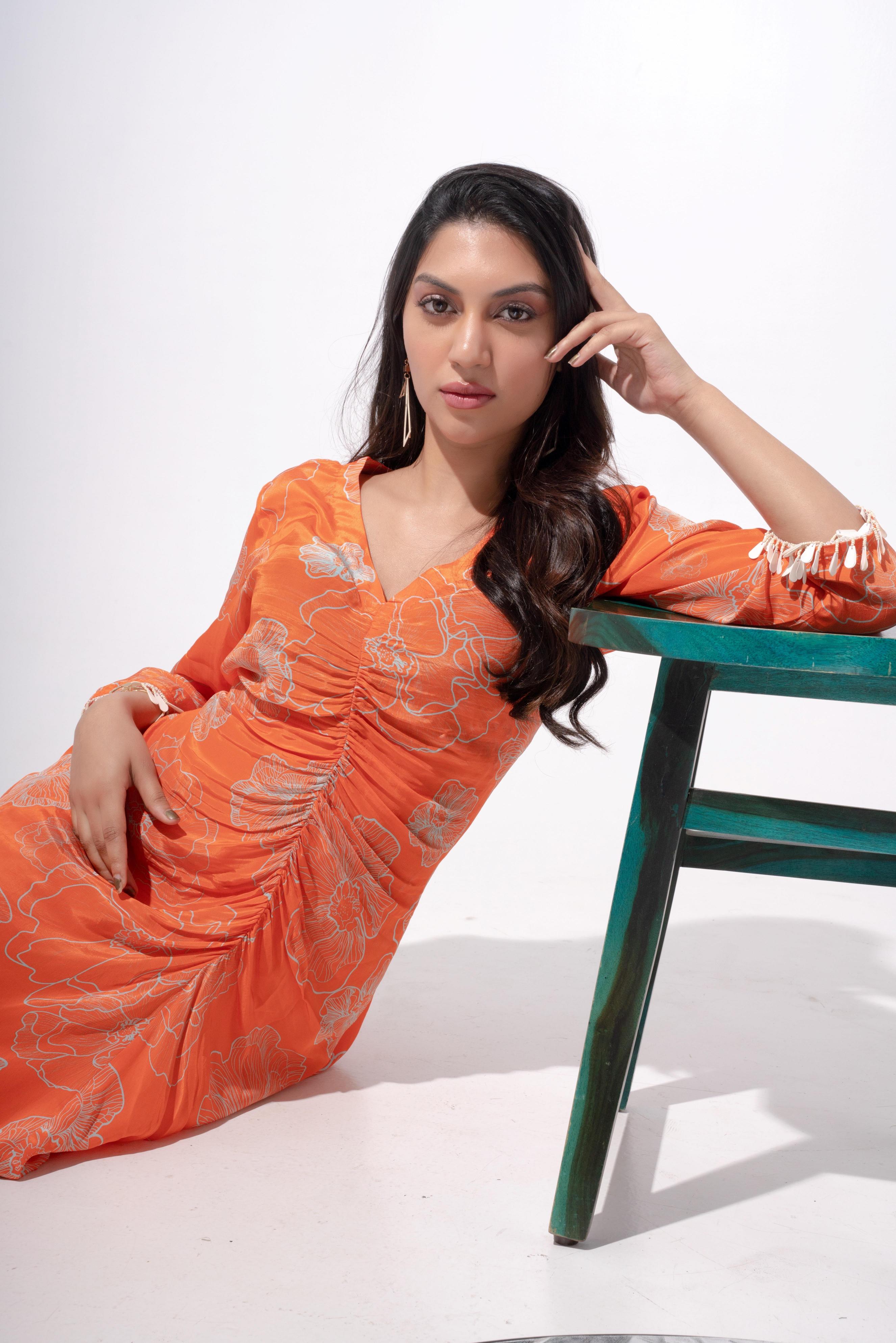 Orange Floral Printed Dress With Rouch Detail