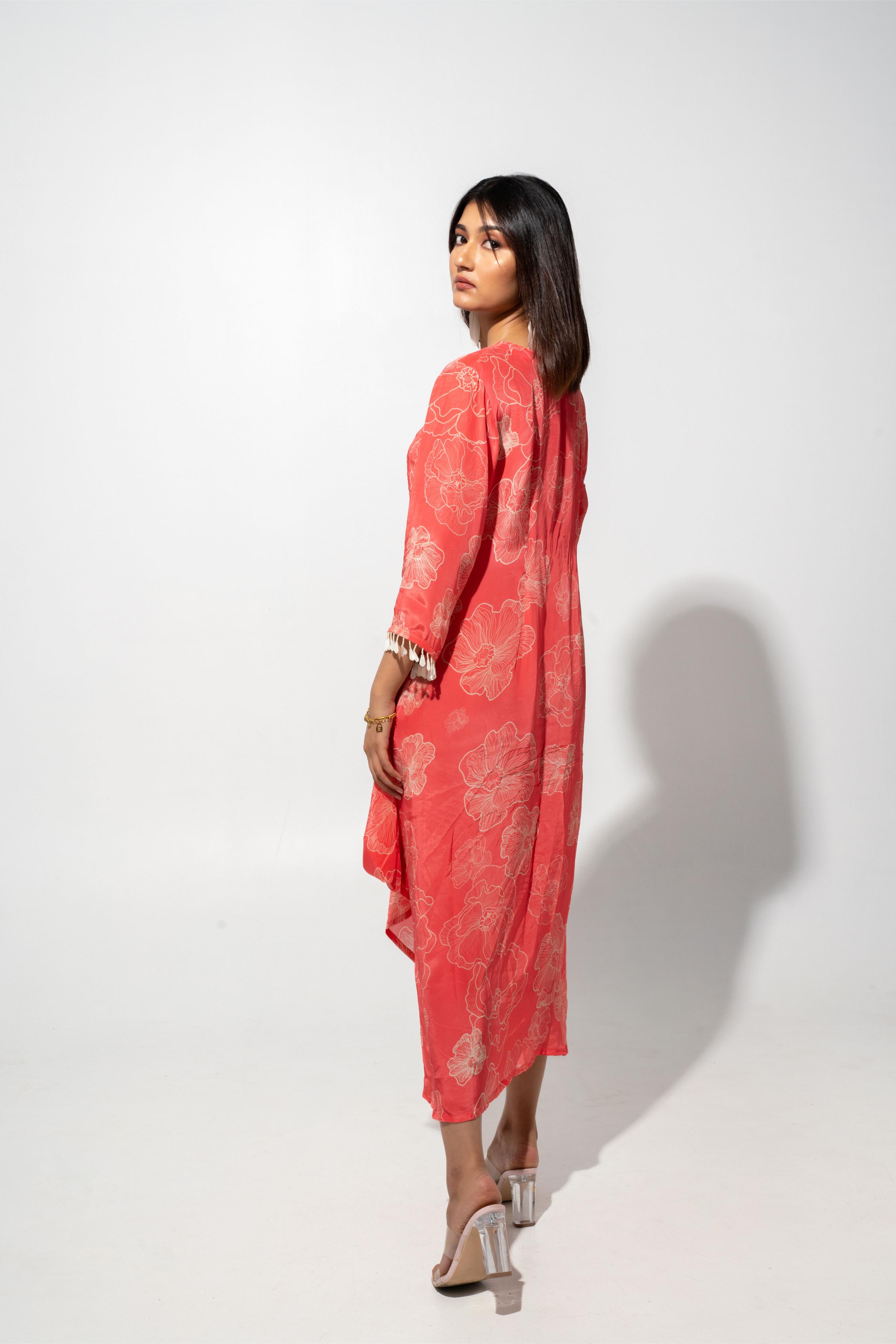 Coral Dress With Rouch Detail