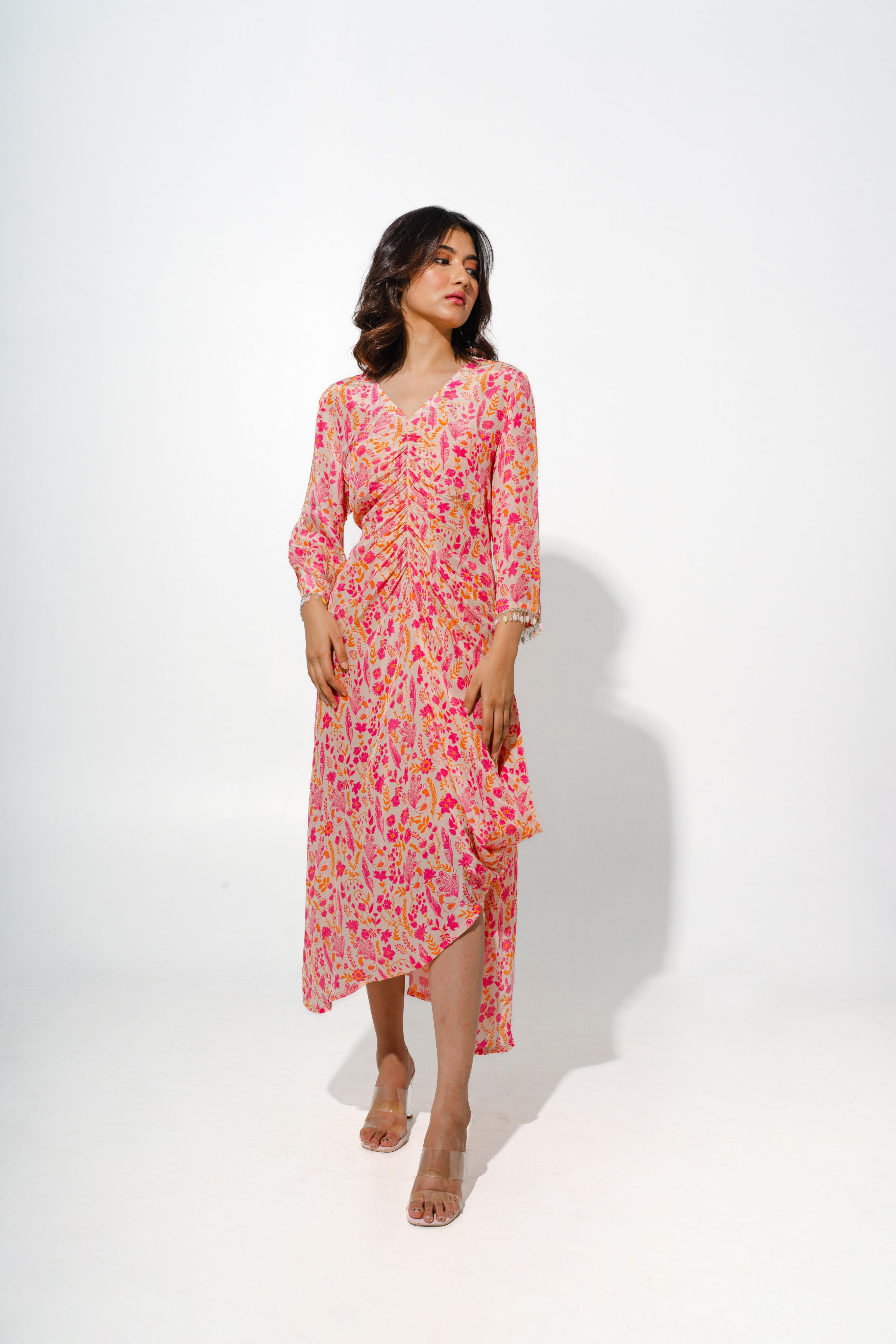 Floral Printed Dress with Rouch Detail