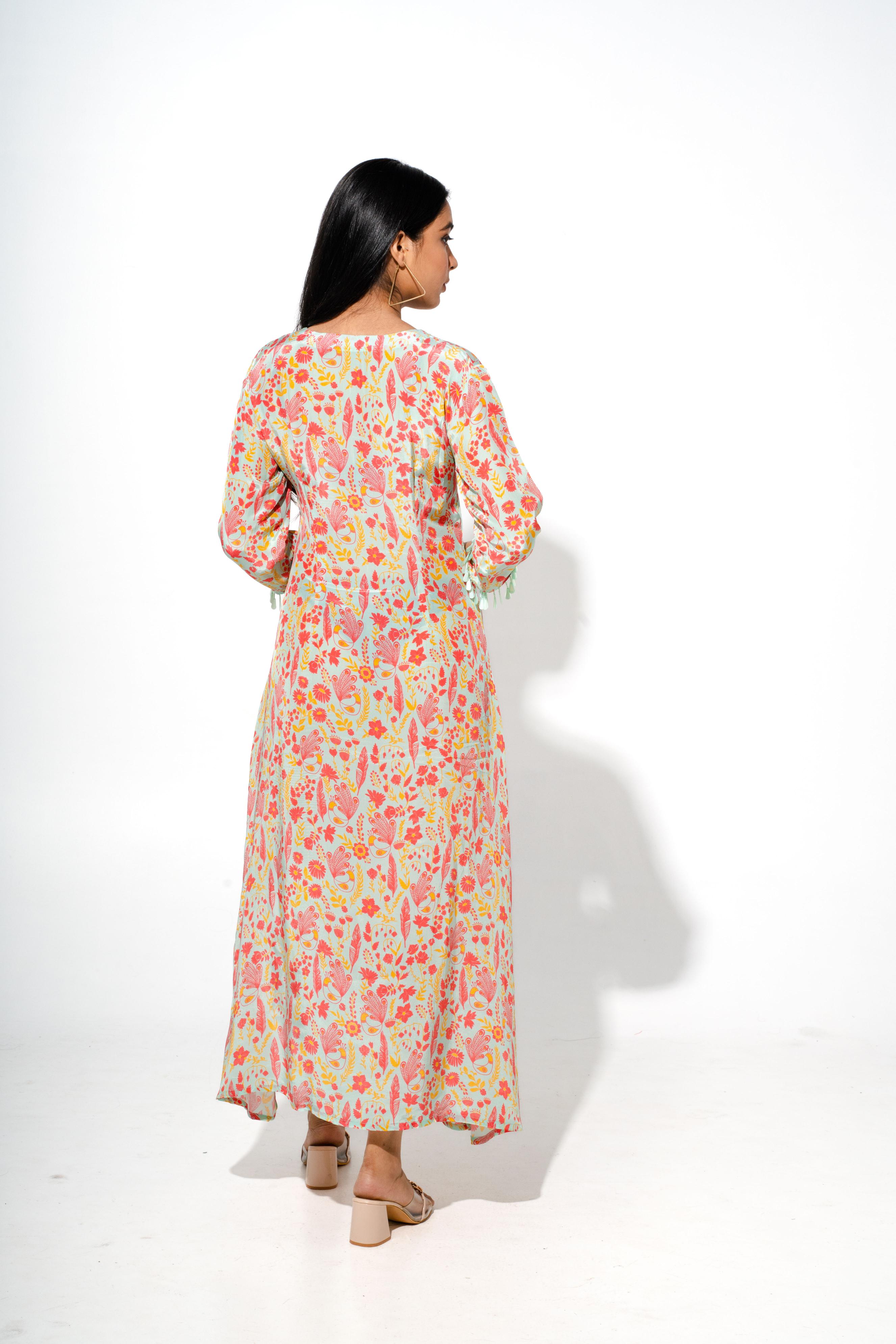 Floral Printed Dress with Rouch Detail