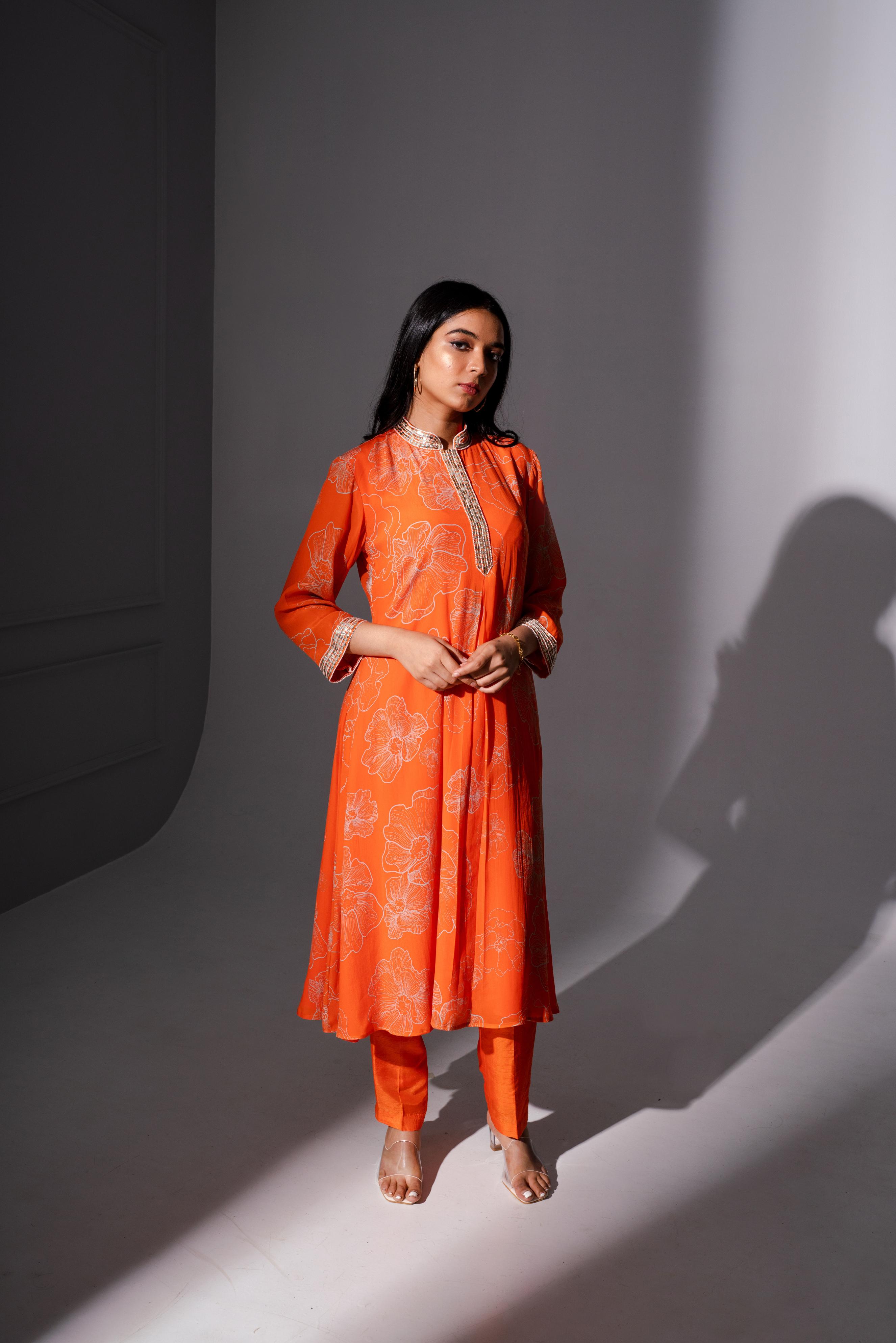 Orange Floral Printed Kurta Set