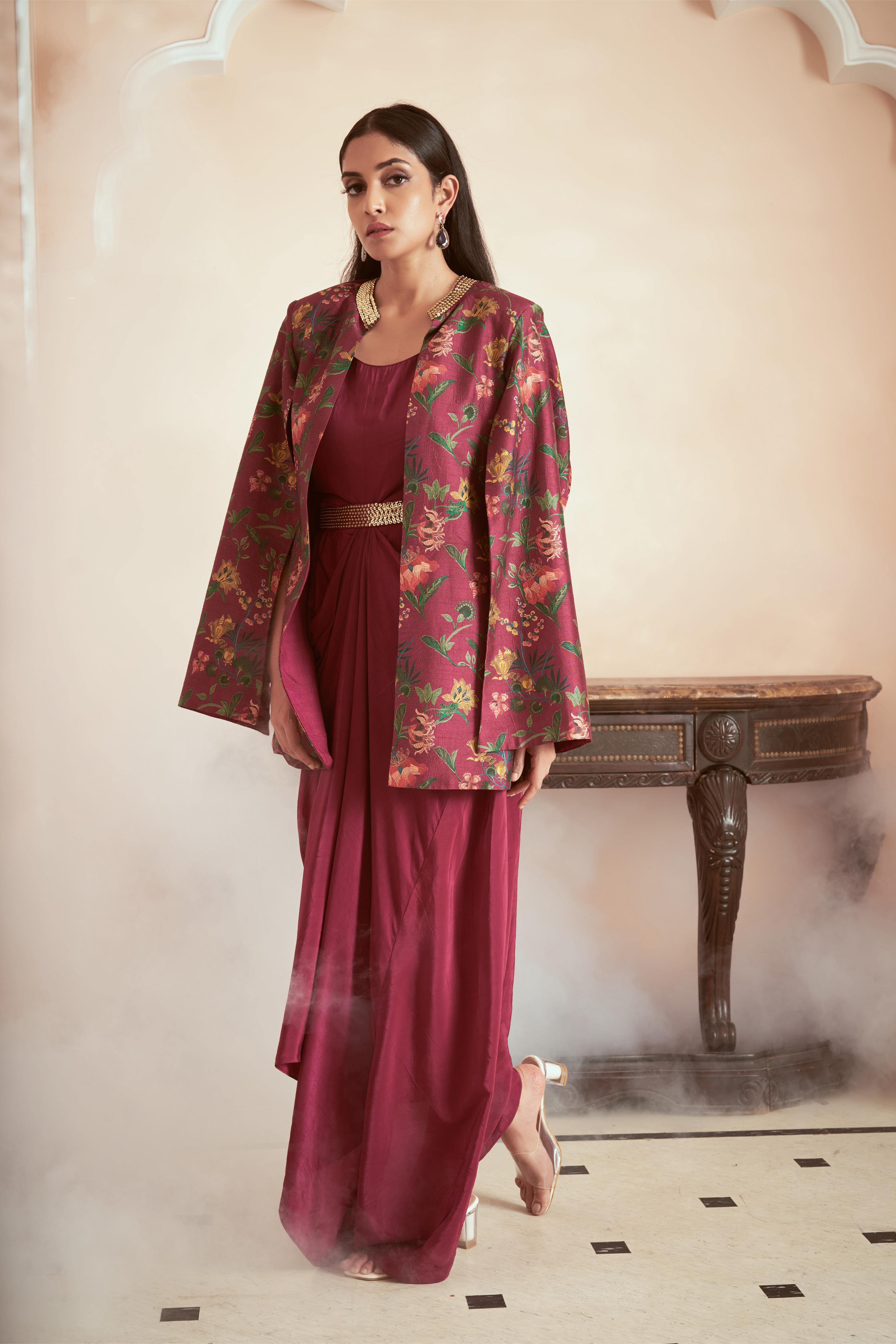 Featuring Dark Magenta Signature print jacket paired with crepe drape gown adorned with embroidered belt