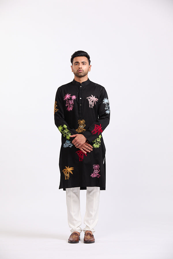 Black Giraffe & Cats Kurta Pant Set