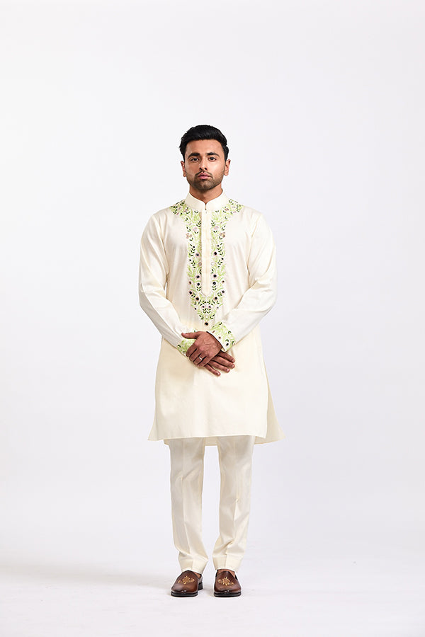 Lime Ivory Kashmiri Mirror Work Kurta Pant Set