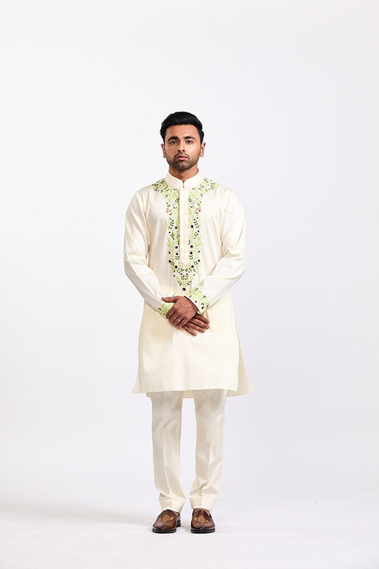 Lime Ivory Kashmiri Mirror Work Kurta Pant Set