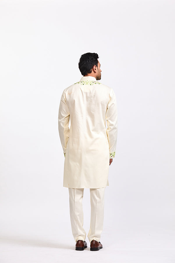 Lime Ivory Kashmiri Mirror Work Kurta Pant Set