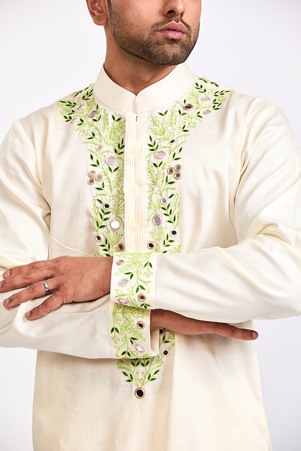 Lime Ivory Kashmiri Mirror Work Kurta Pant Set