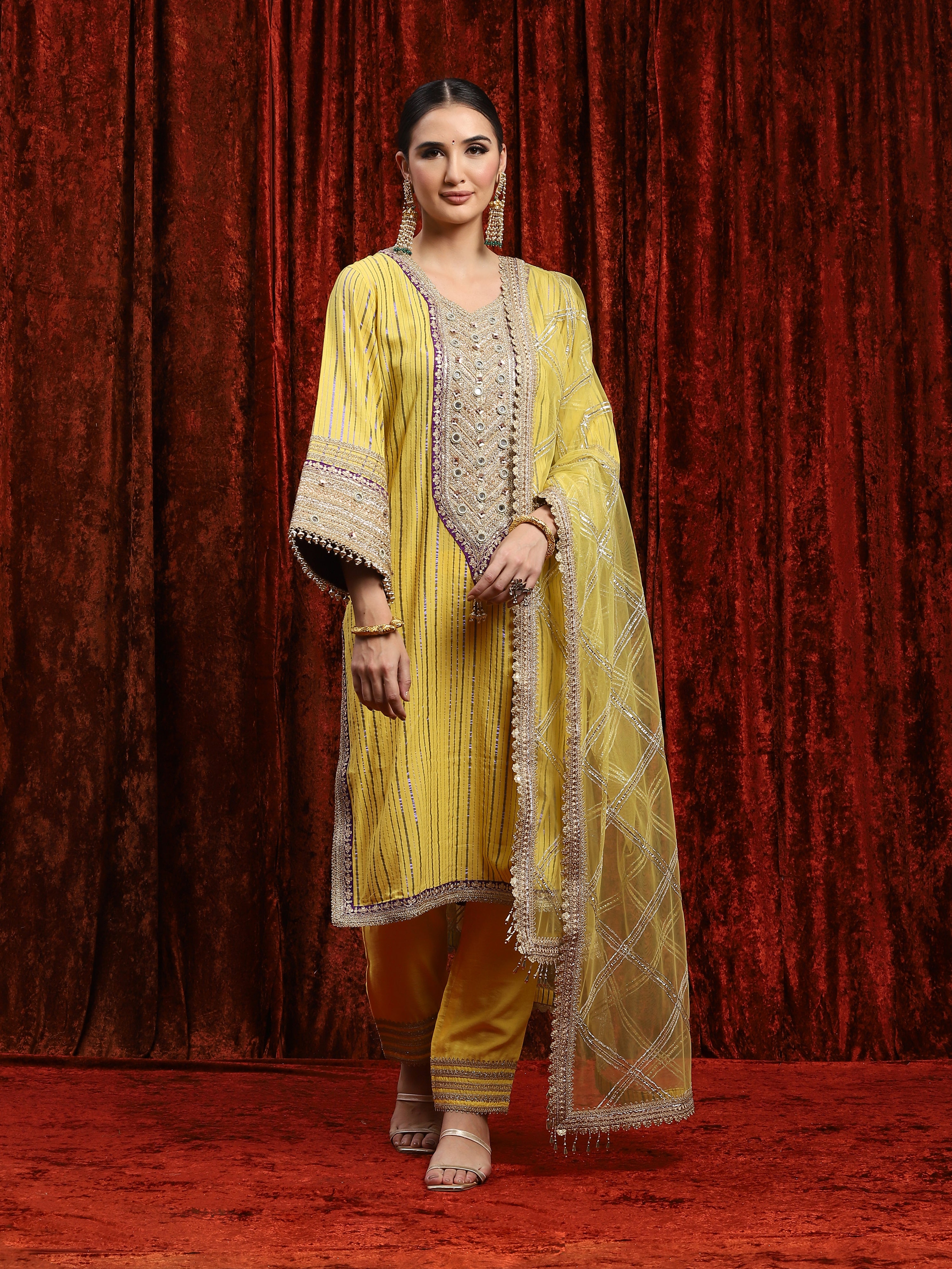 Lemon Yellow & Purple Kurta Pant Dupatta Set